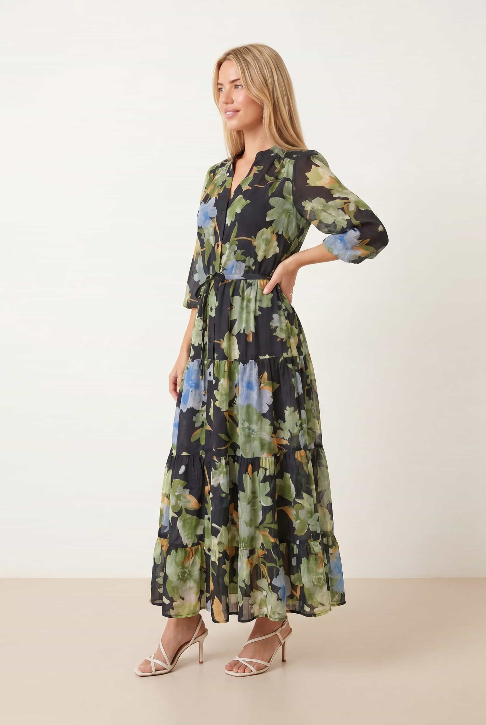 3/4 Sleeve Tiered Tie Front Midi Dress