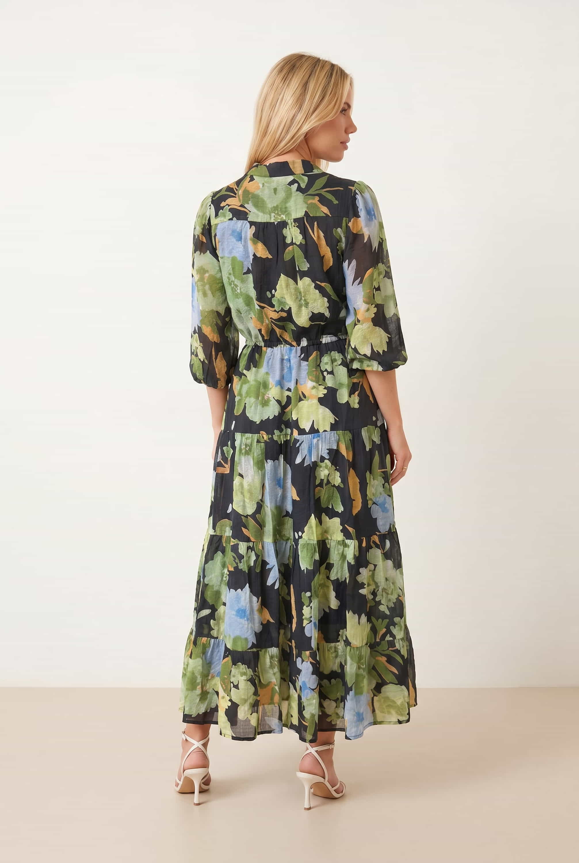 3/4 Sleeve Tiered Tie Front Midi Dress