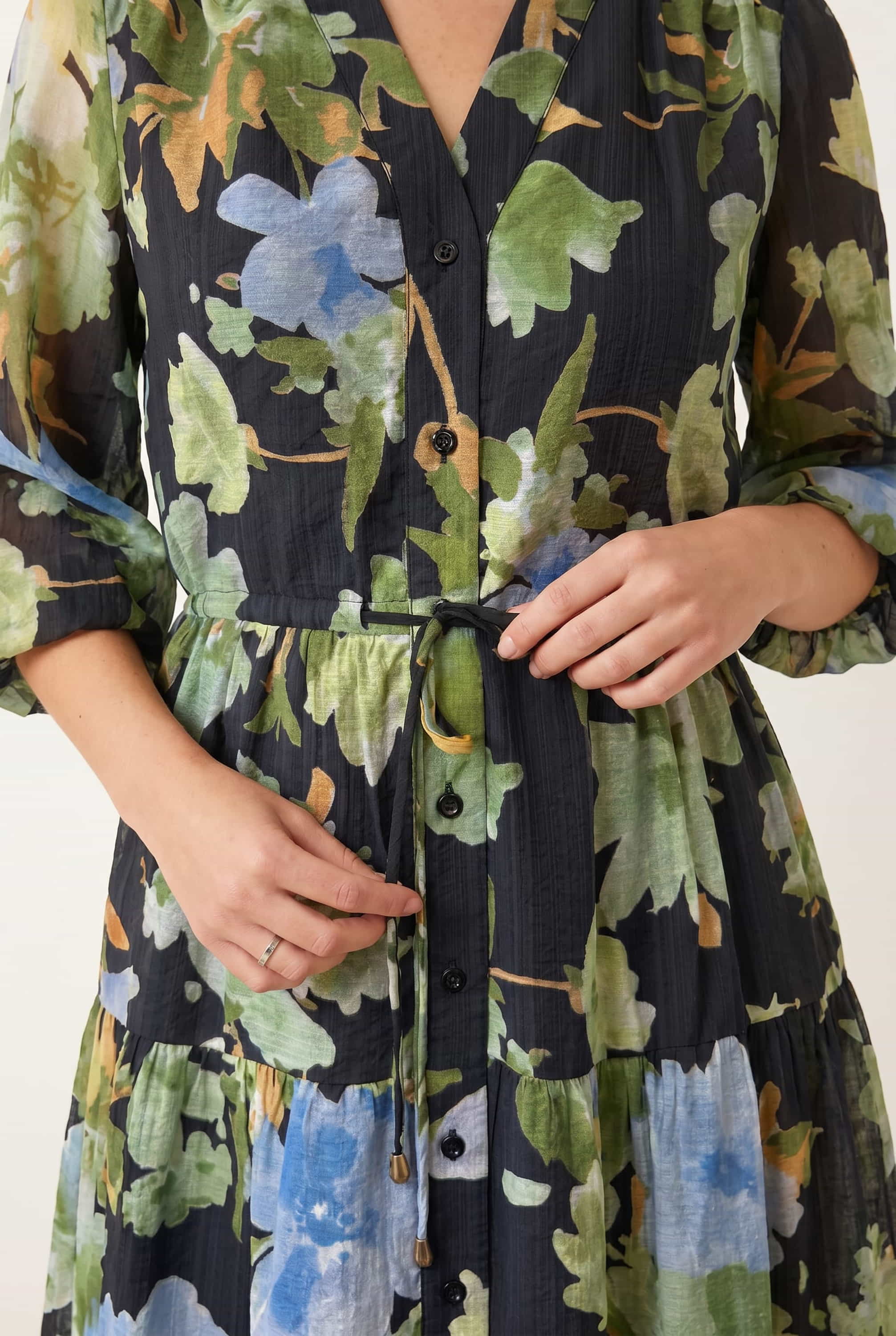 3/4 Sleeve Tiered Tie Front Midi Dress