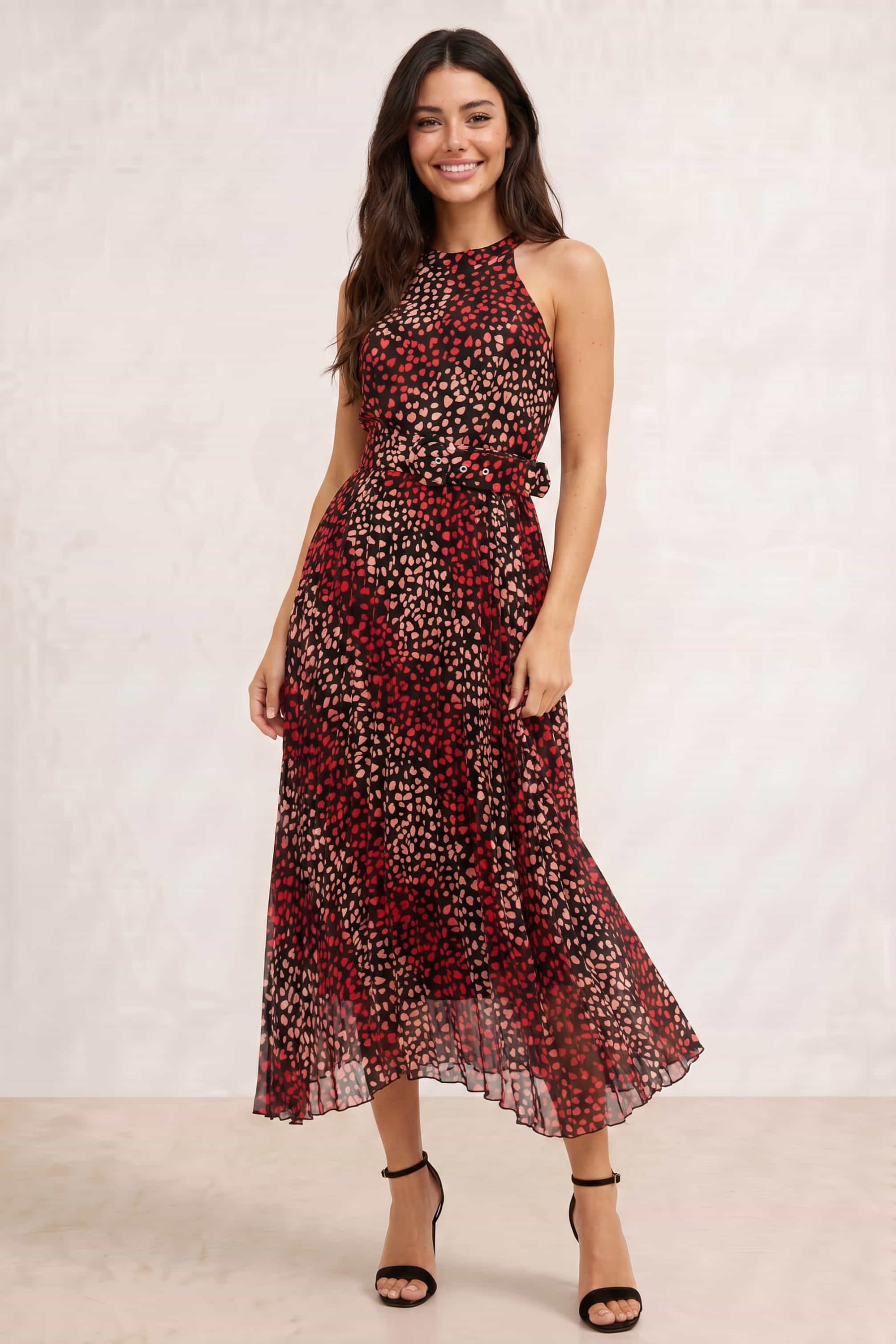 Luisa Belted Pleated Maxi Dress / Multi Black Heart