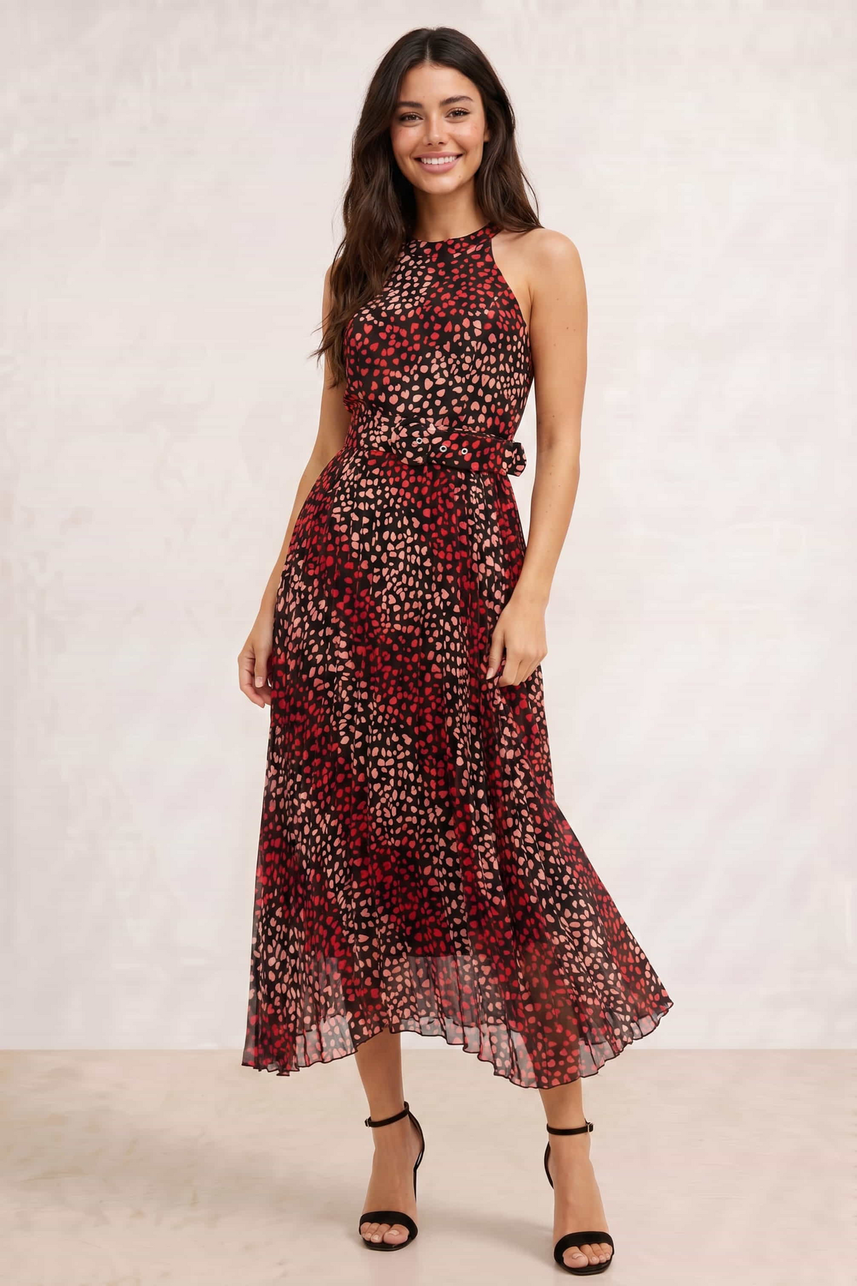 Luisa Belted Pleated Maxi Dress / Multi Black Heart