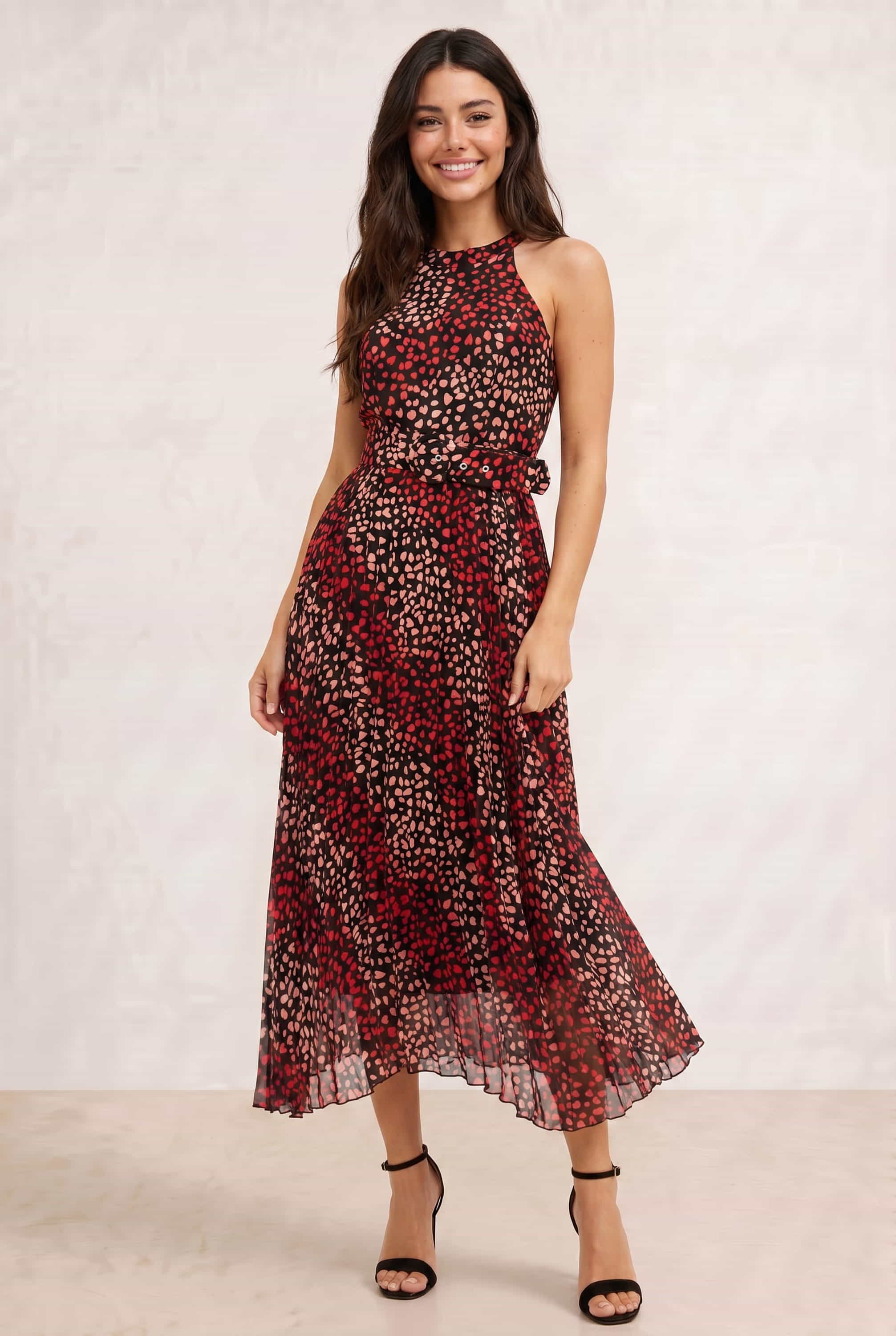 Luisa Belted Pleated Maxi Dress / Multi Black Heart