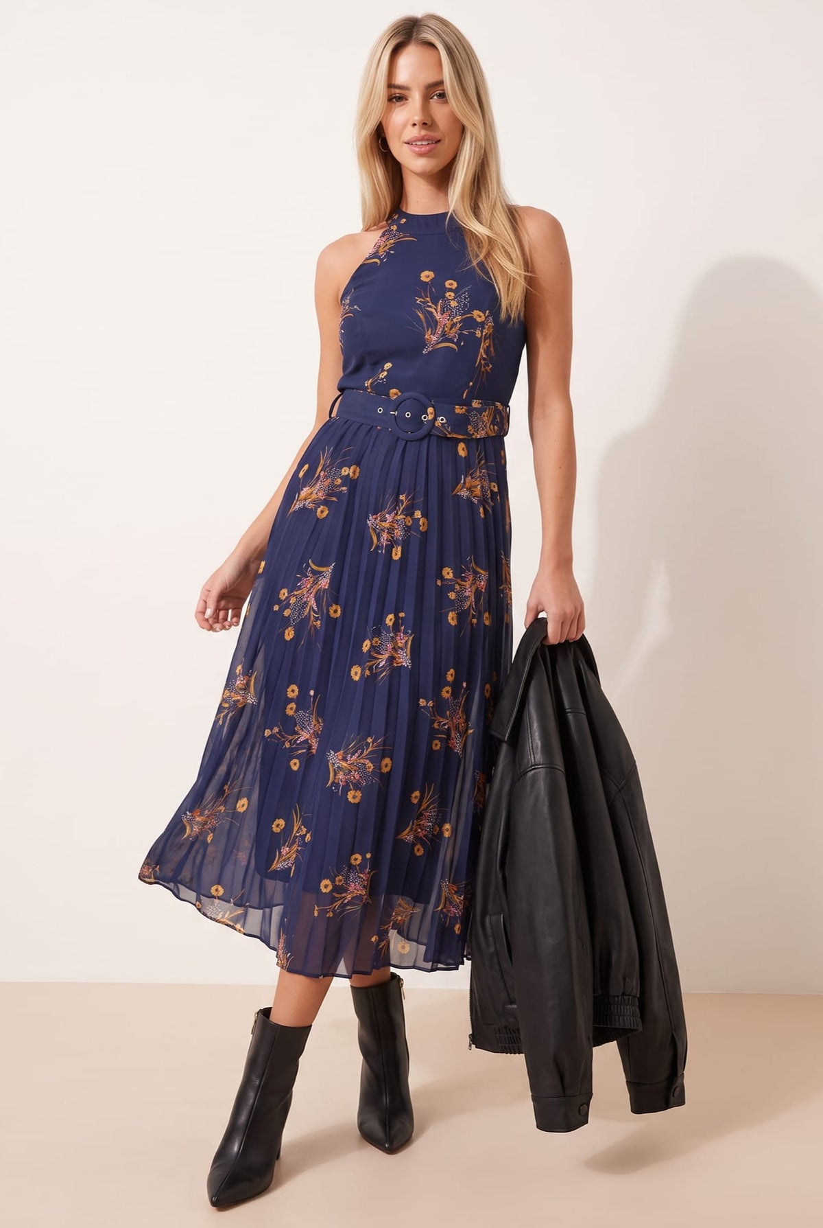 Luisa Belted Pleated Maxi Dress / Navy Floral Print