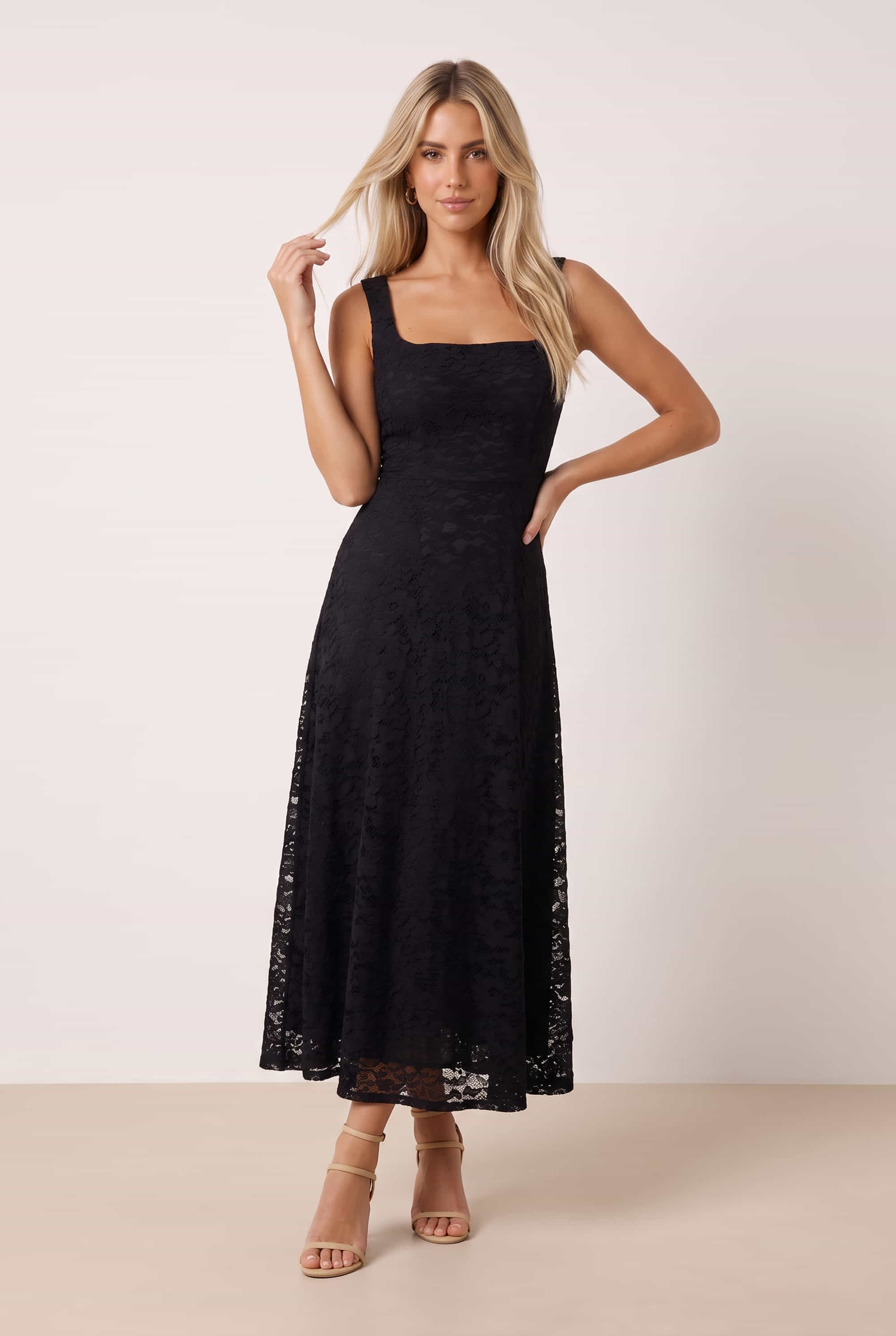 Black Lace Fit and Flare Midi Dress