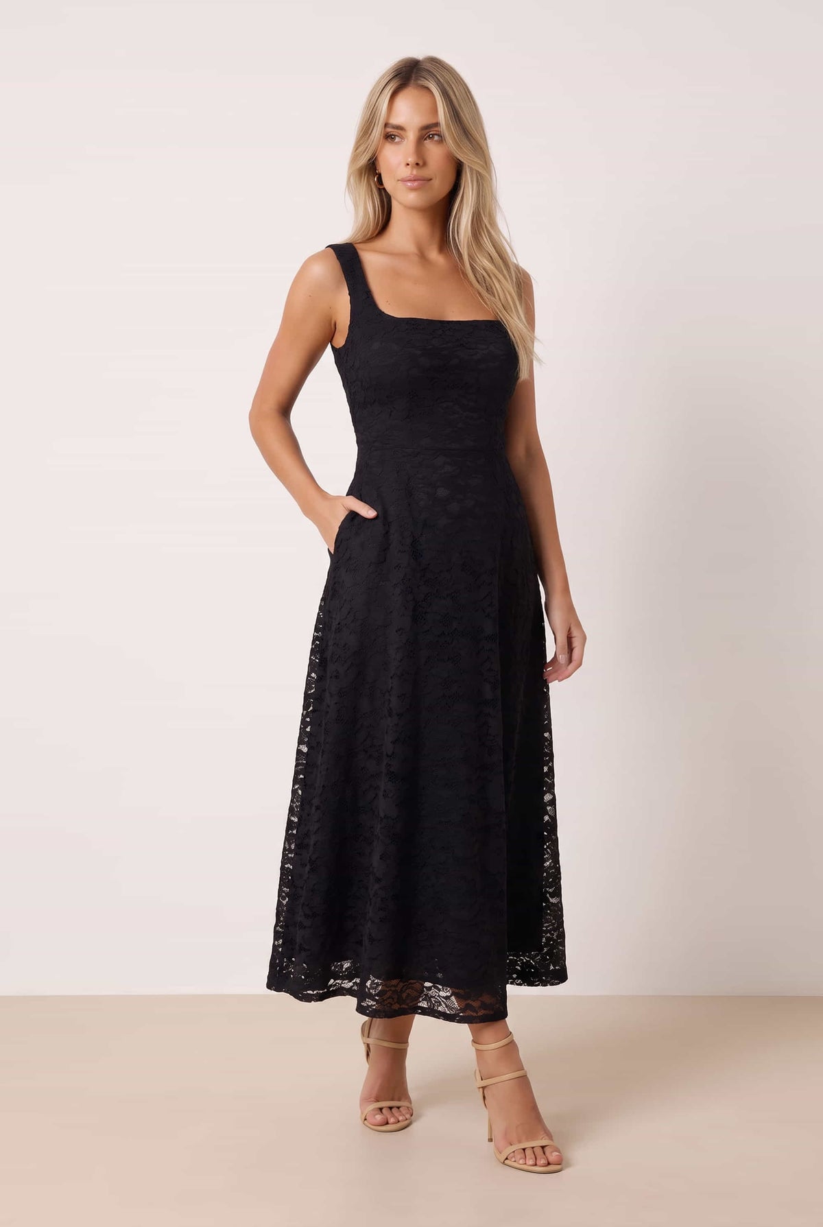 Black Lace Fit and Flare Midi Dress