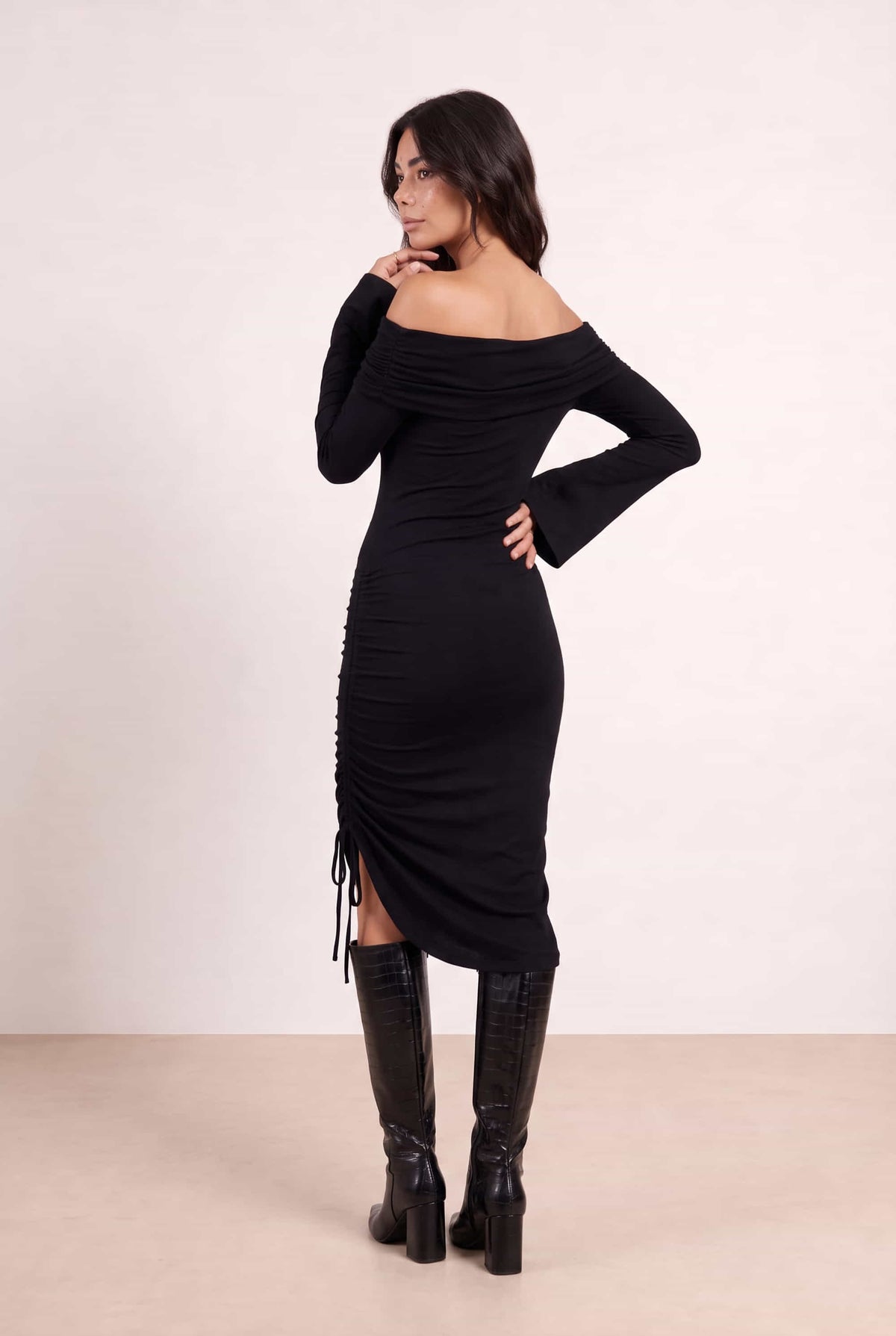 Natalie Knitted Bardot Midi Dress in Black