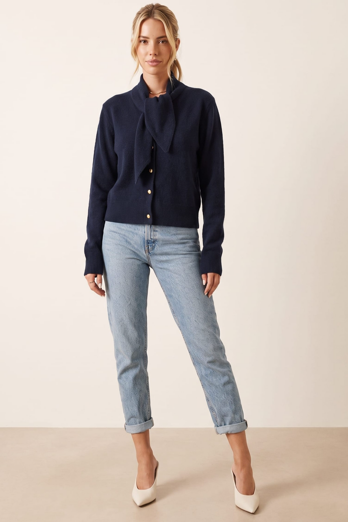 Tie Scarf Cardigan in Navy