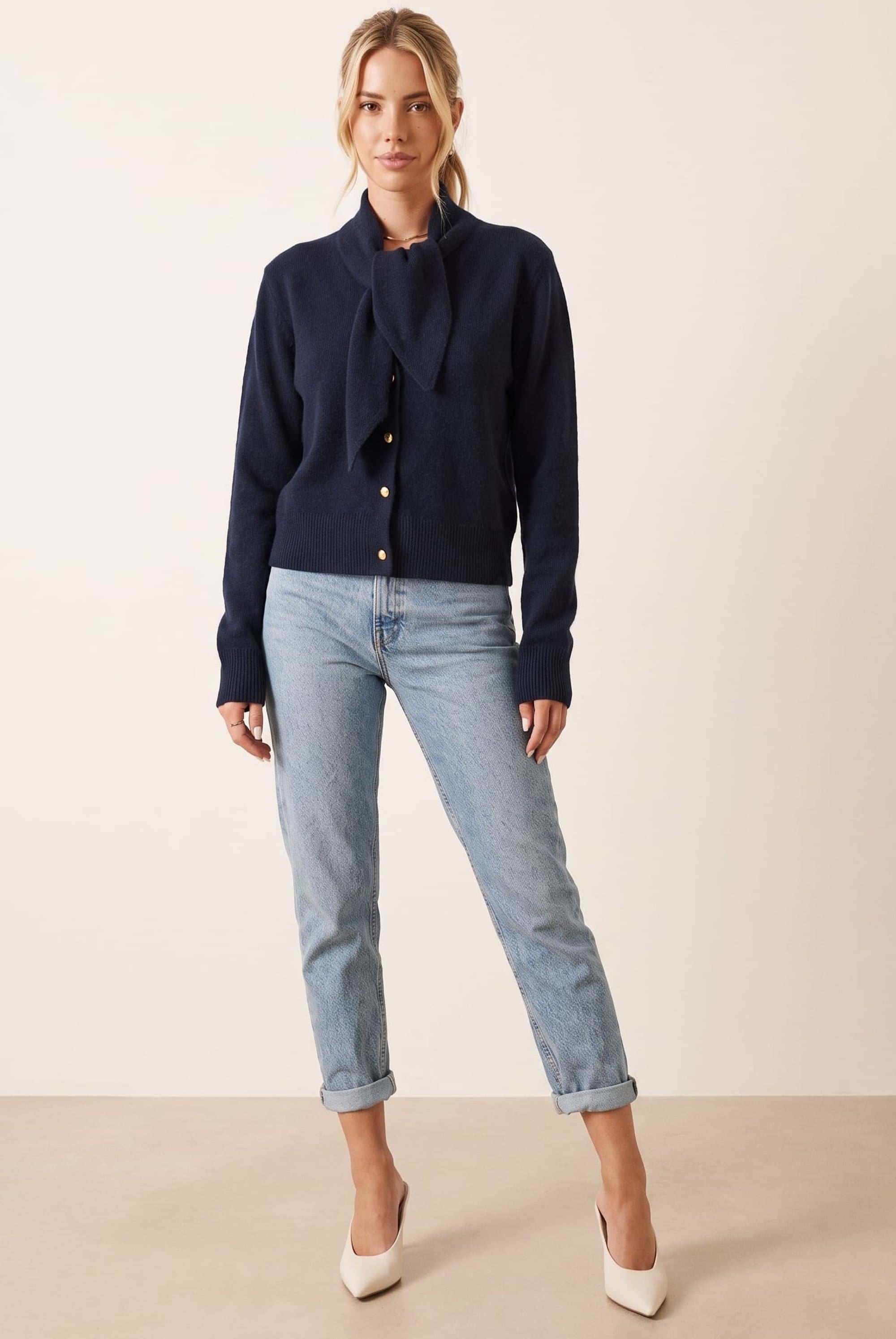 Tie Scarf Cardigan in Navy