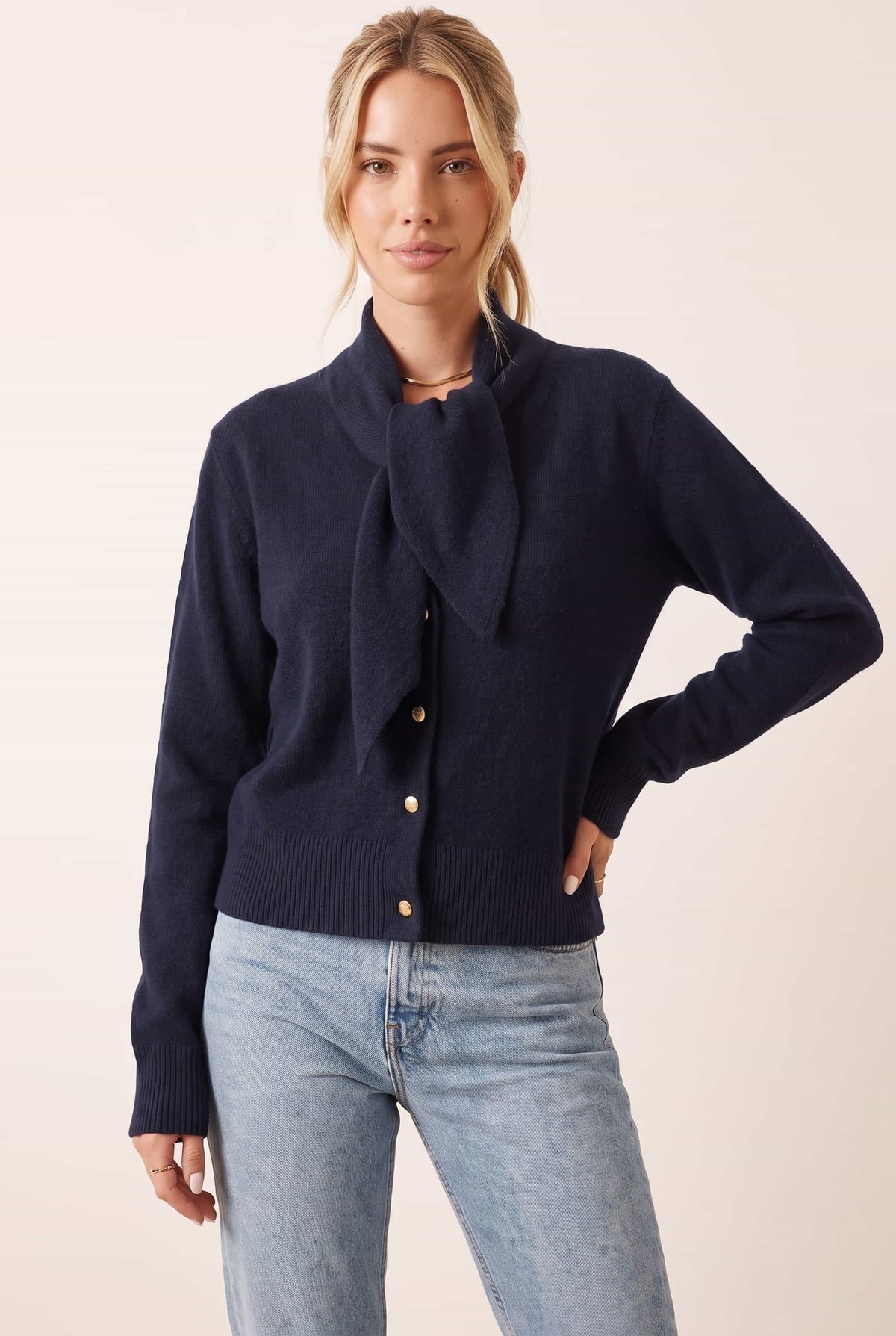 Tie Scarf Cardigan in Navy