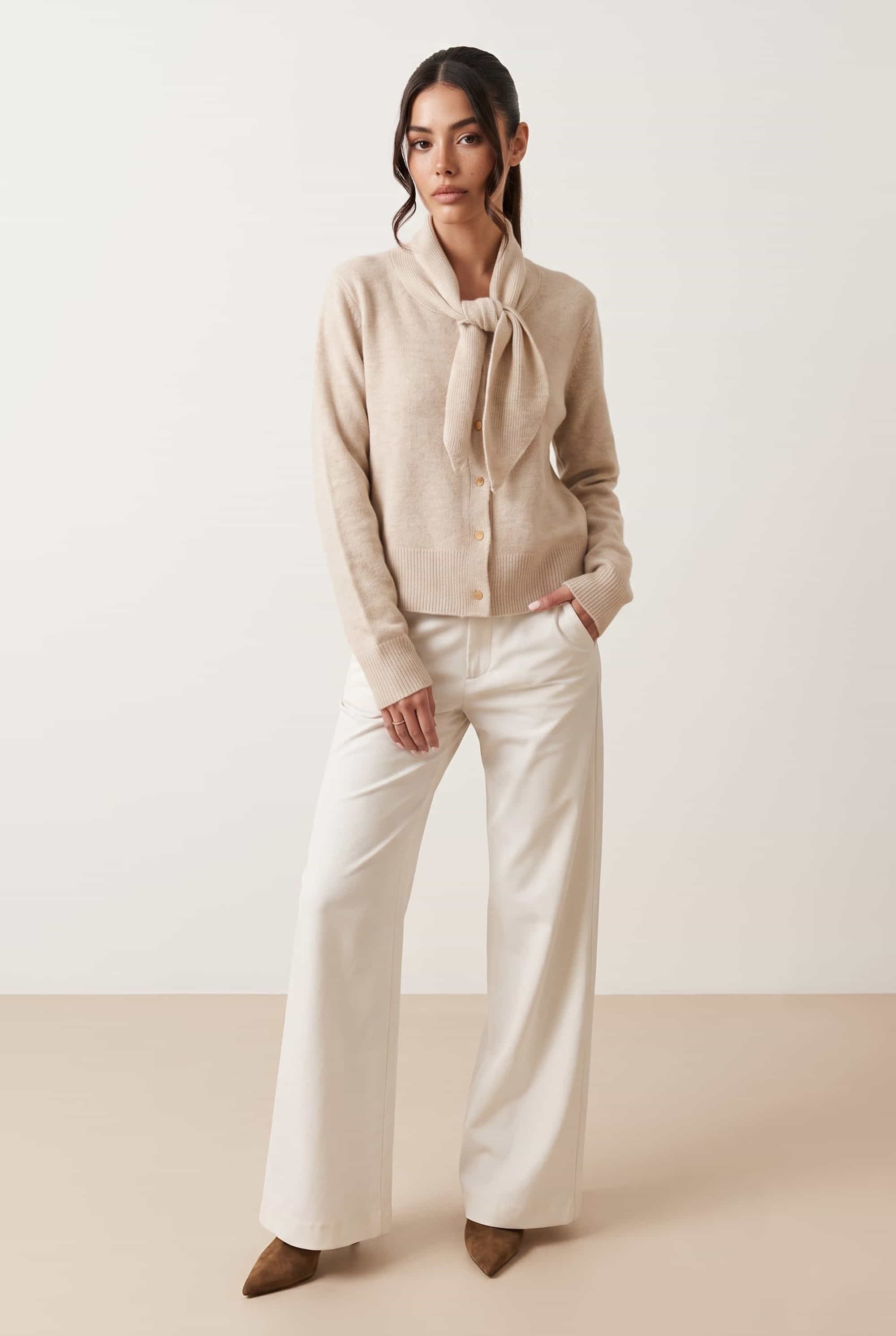 Tie Scarf Cardigan in beige