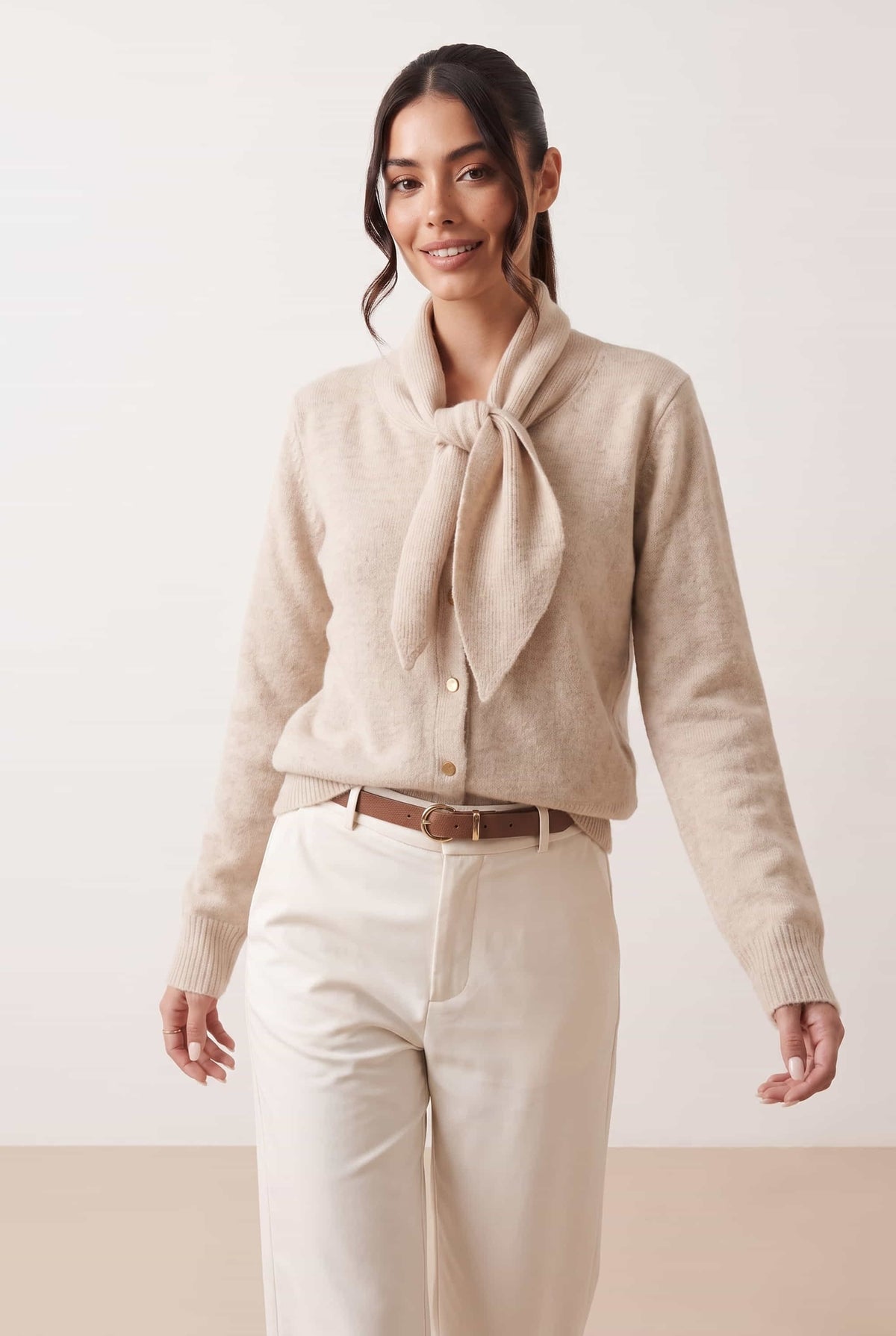 Tie Scarf Cardigan in beige