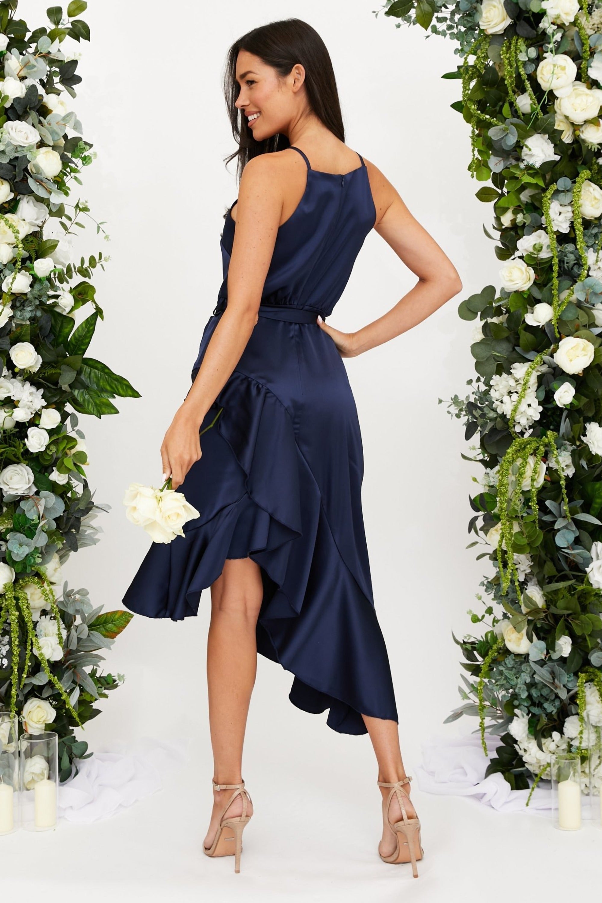 Halter Frill Satin Midi Dress / Navy - Style Cheat
