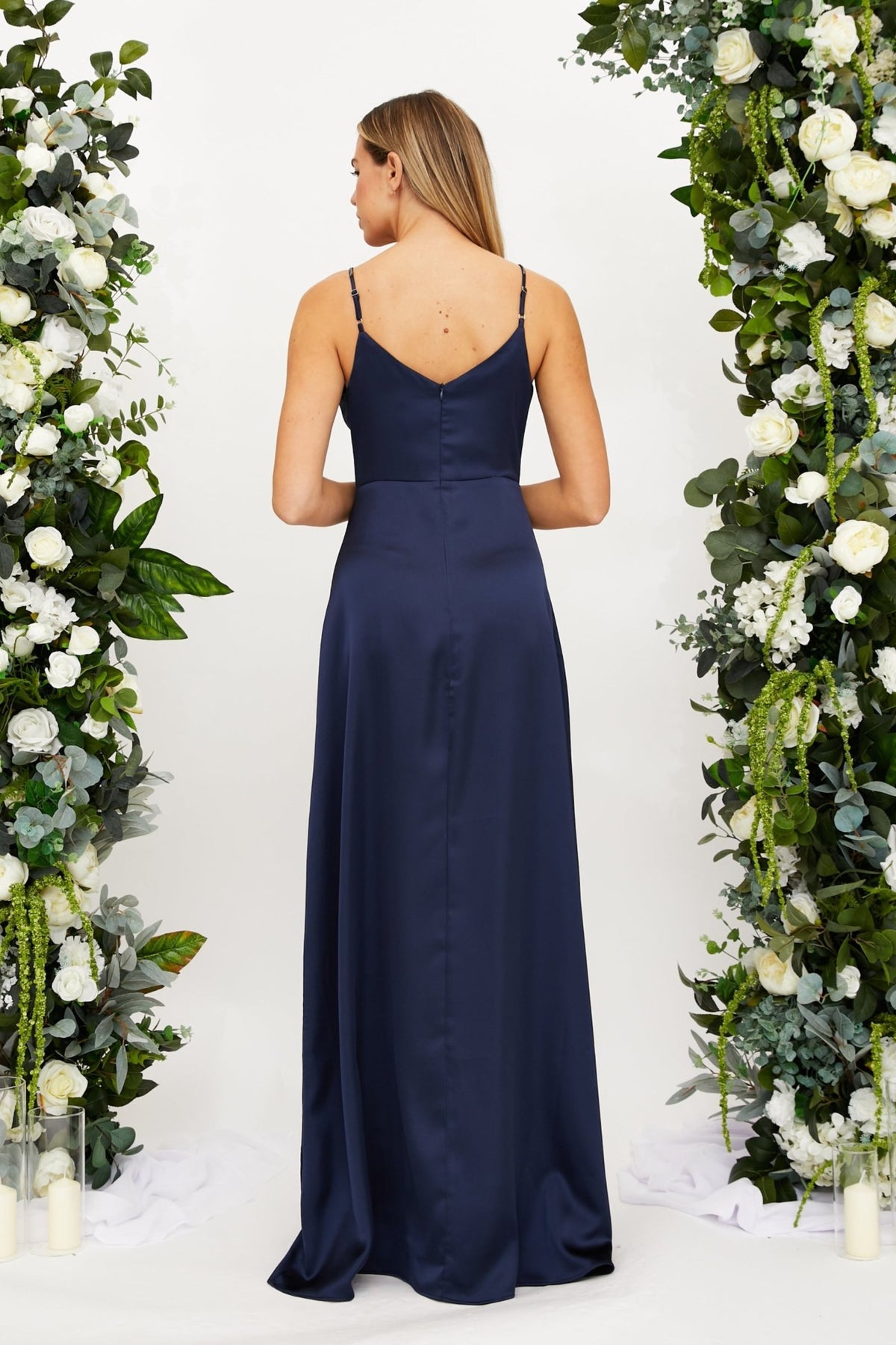 Diamante Strap Maxi Satin Dress / Navy
