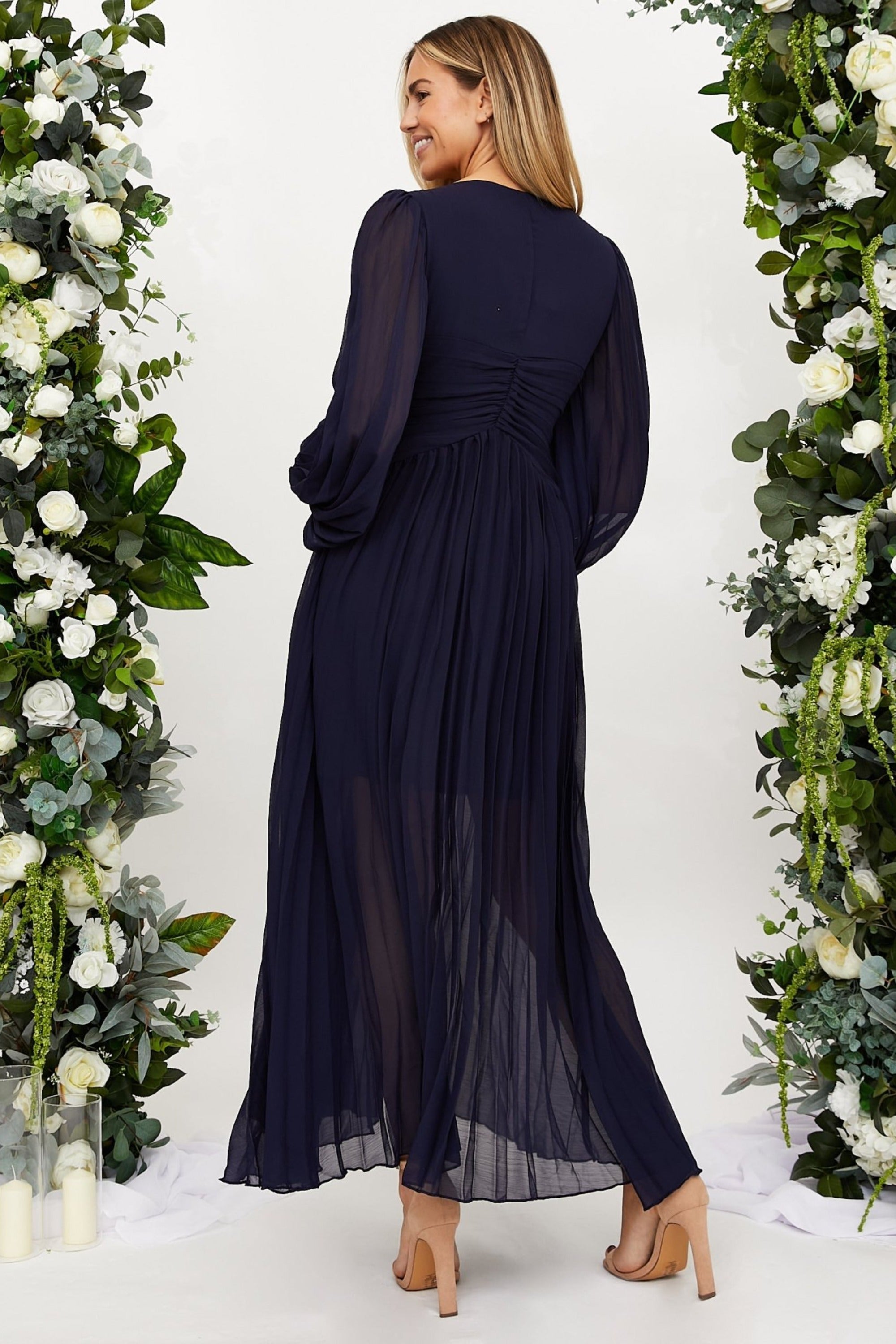 Toni Long Sleeved Pleated Maxi Dress / Navy - Style Cheat