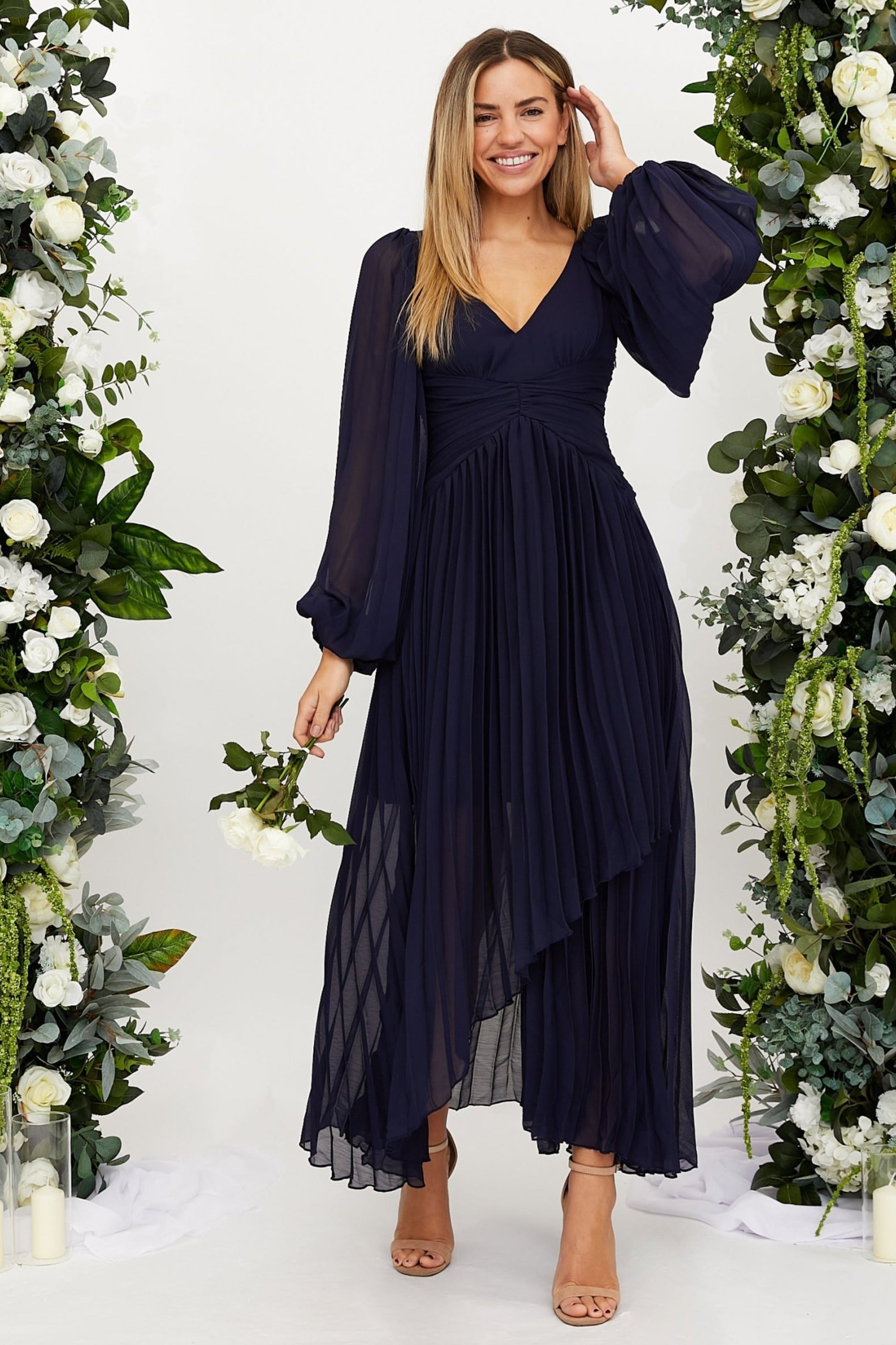 Toni Long Sleeved Pleated Maxi Dress / Navy - Style Cheat