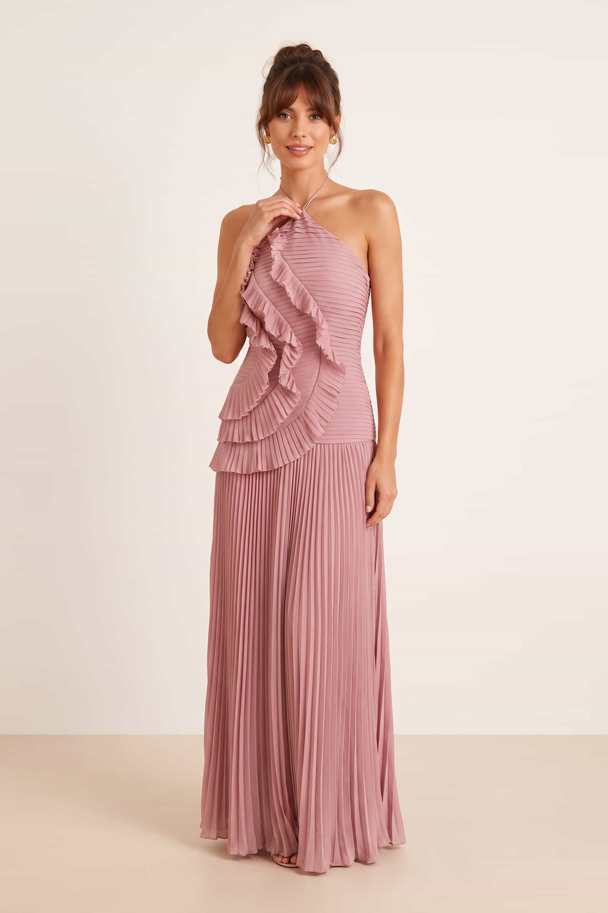 Pleated halter tie dress in Dusky Pink