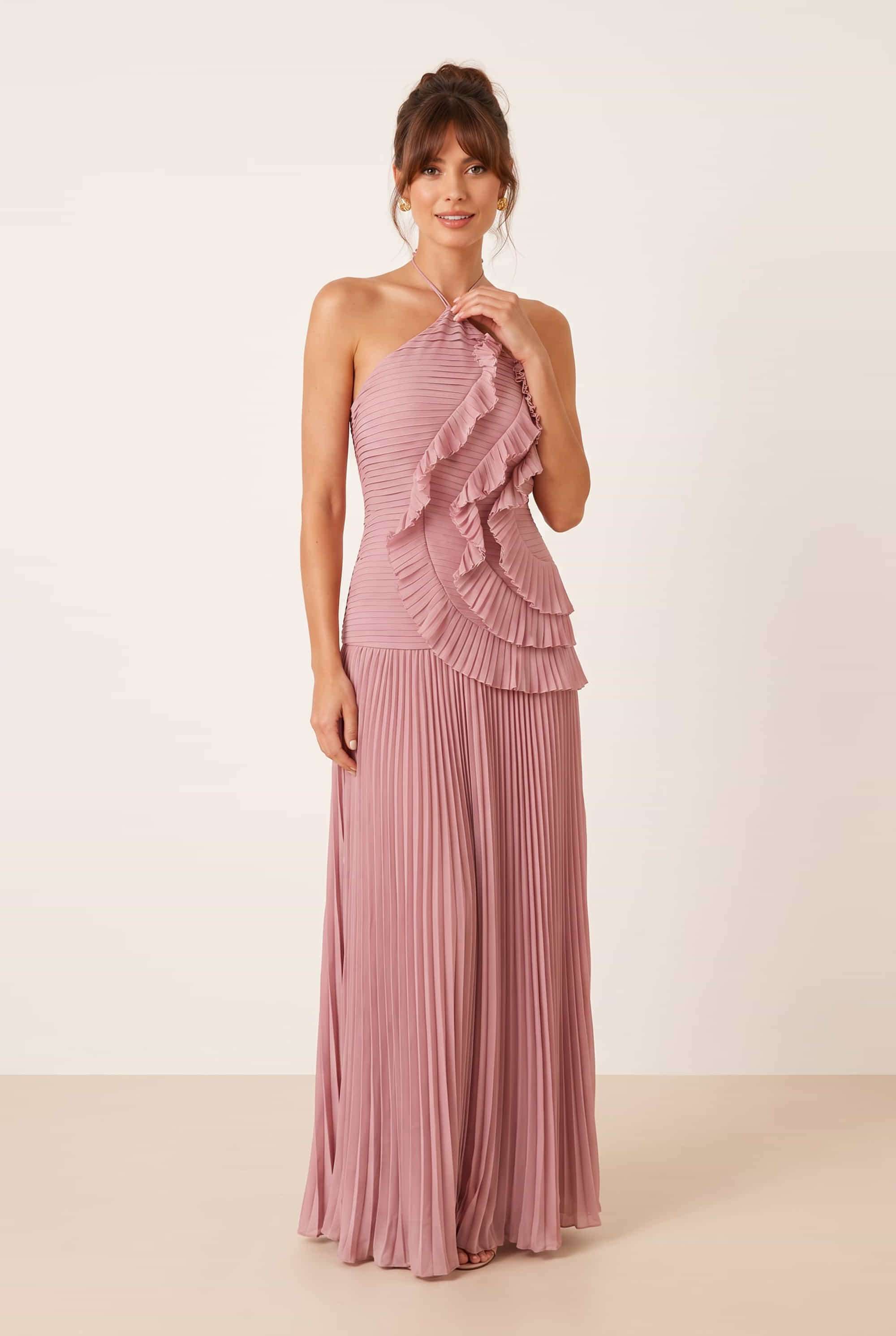 Pleated halter tie dress in Dusky Pink