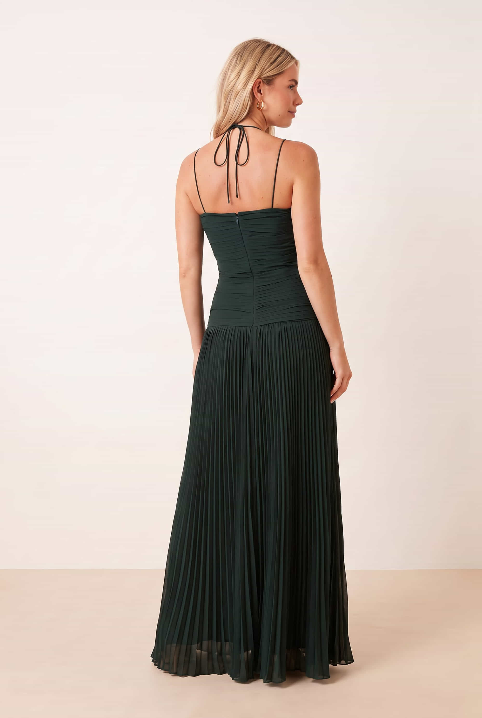 Pleated halter tie dress in Emerald green