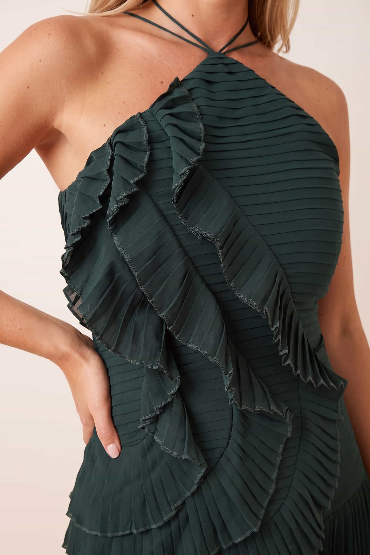 Pleated halter tie dress in Emerald green