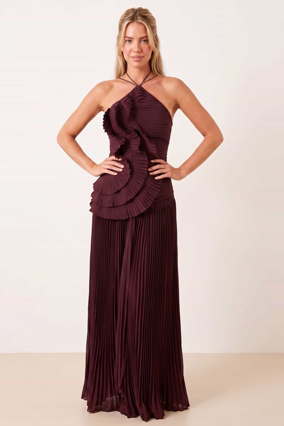 Pleated halter tie dress in Mulberry