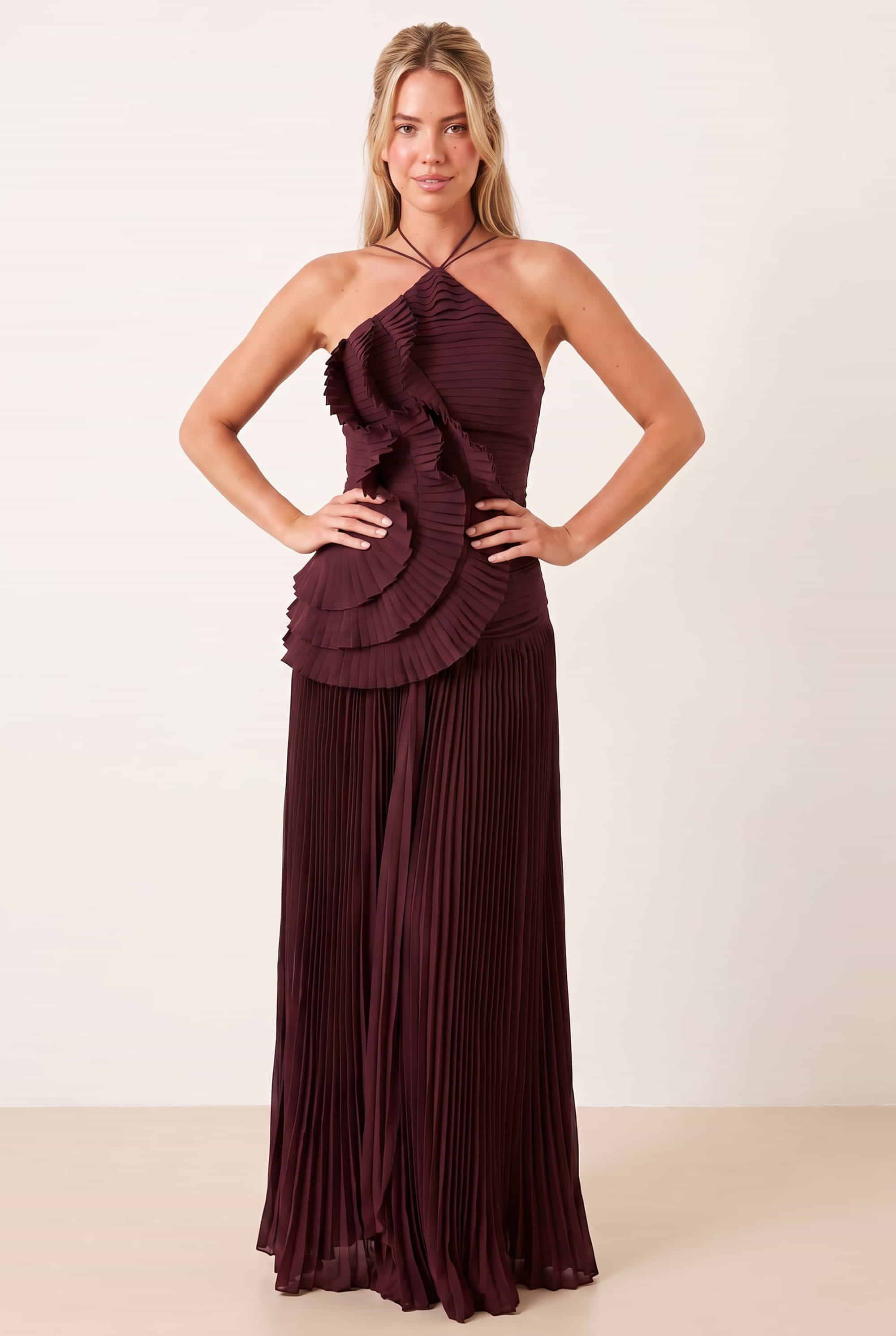 Pleated halter tie dress in Mulberry