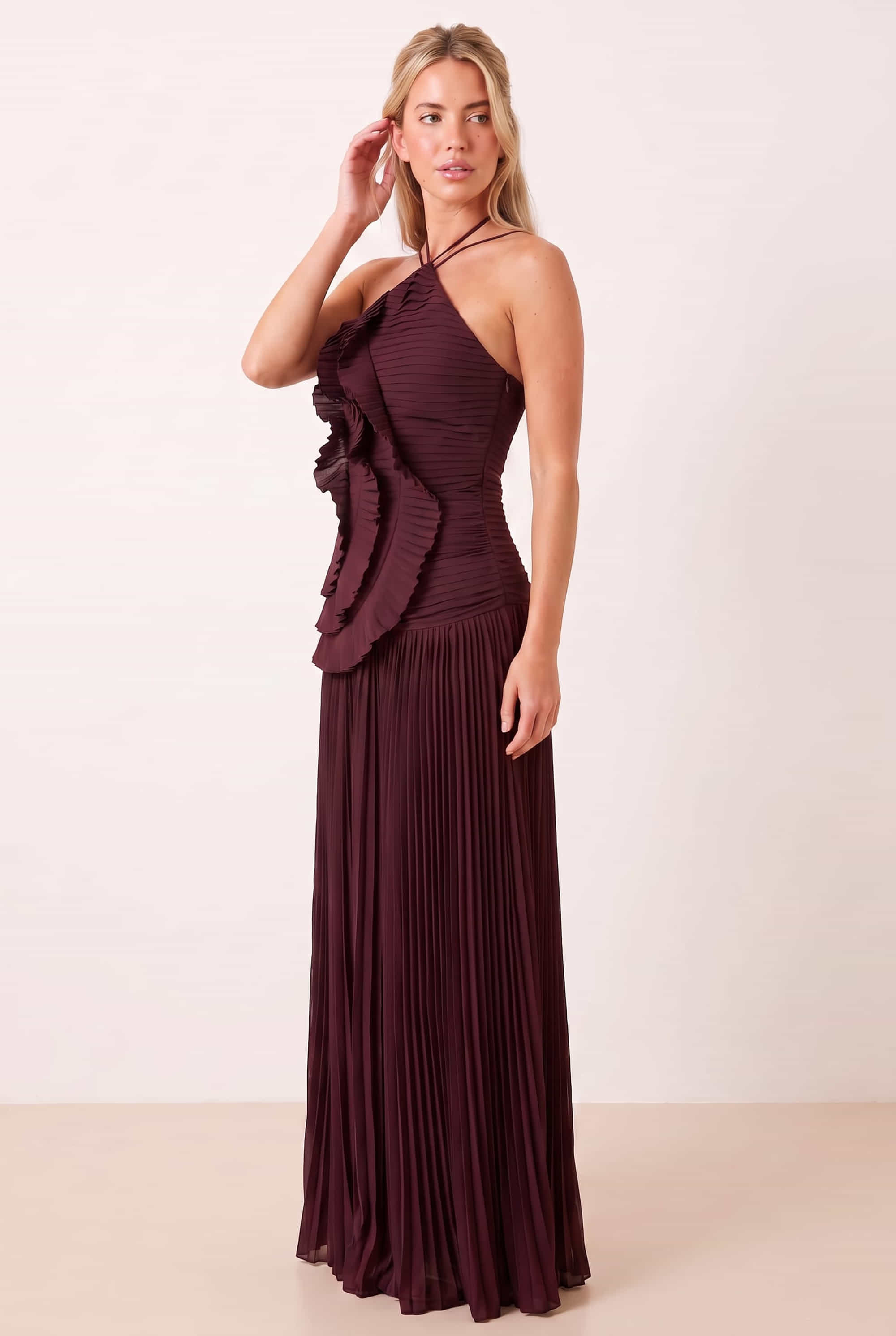 Pleated halter tie dress in Mulberry