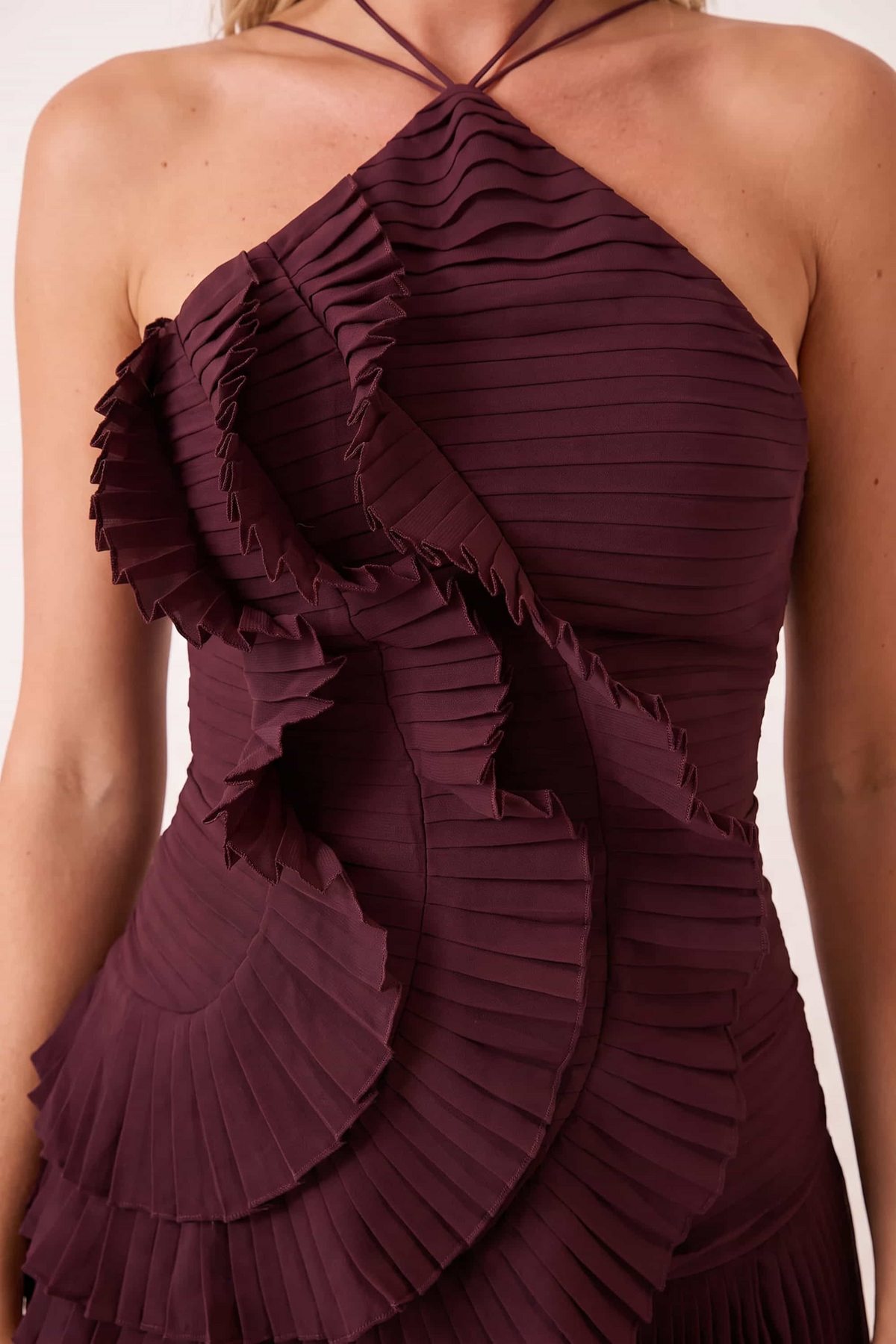 Pleated halter tie dress in Mulberry