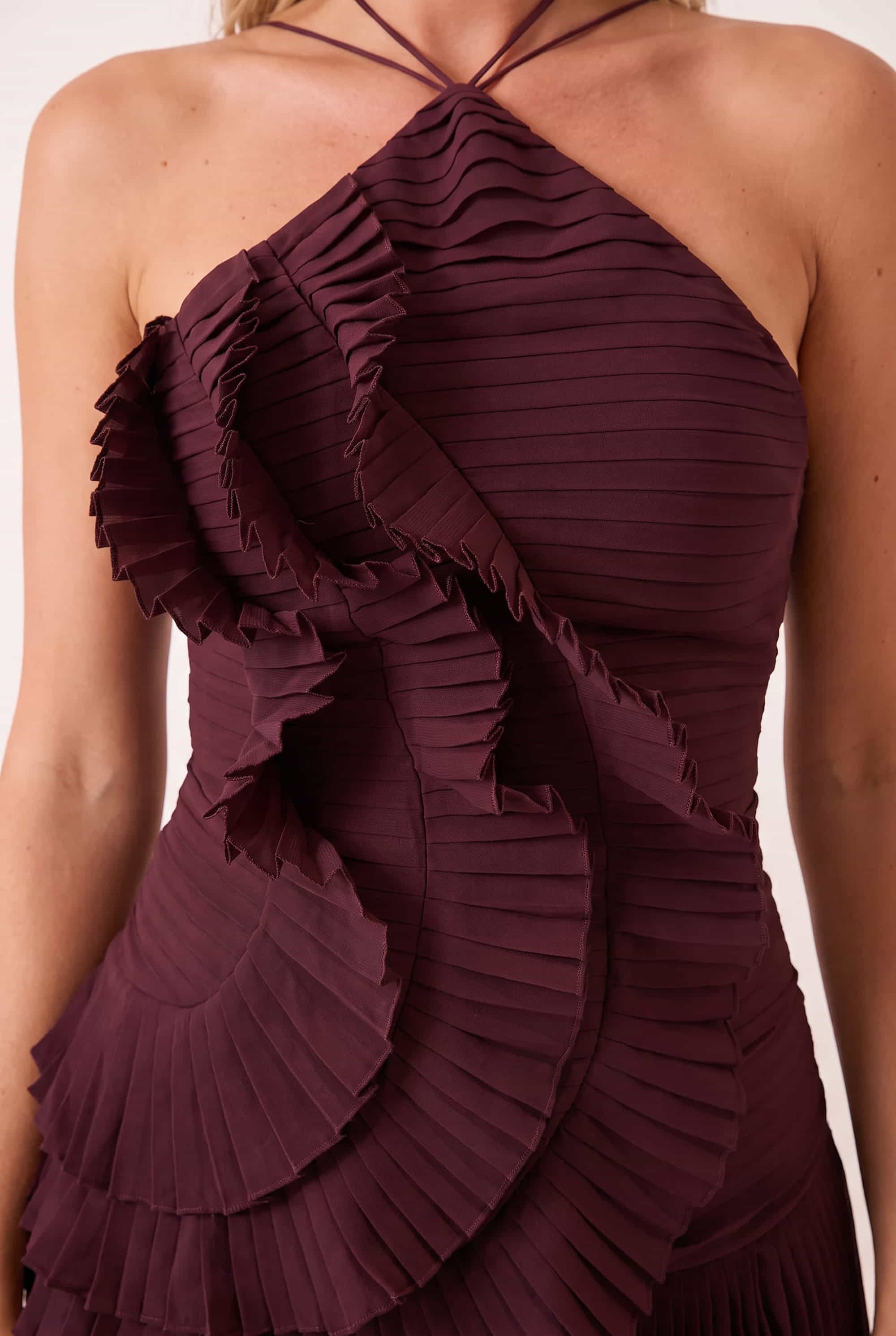 Pleated halter tie dress in Mulberry