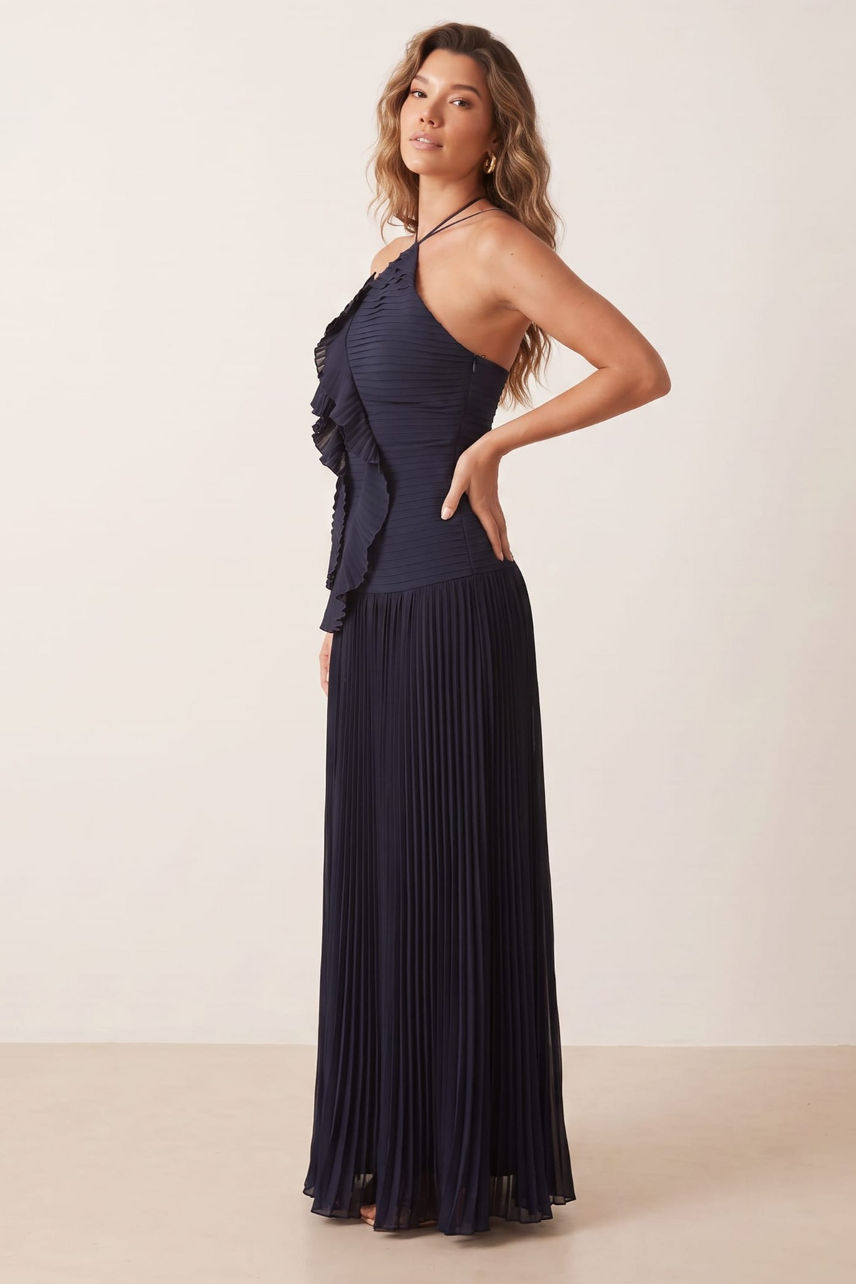Pleated halter tie dress in Navy