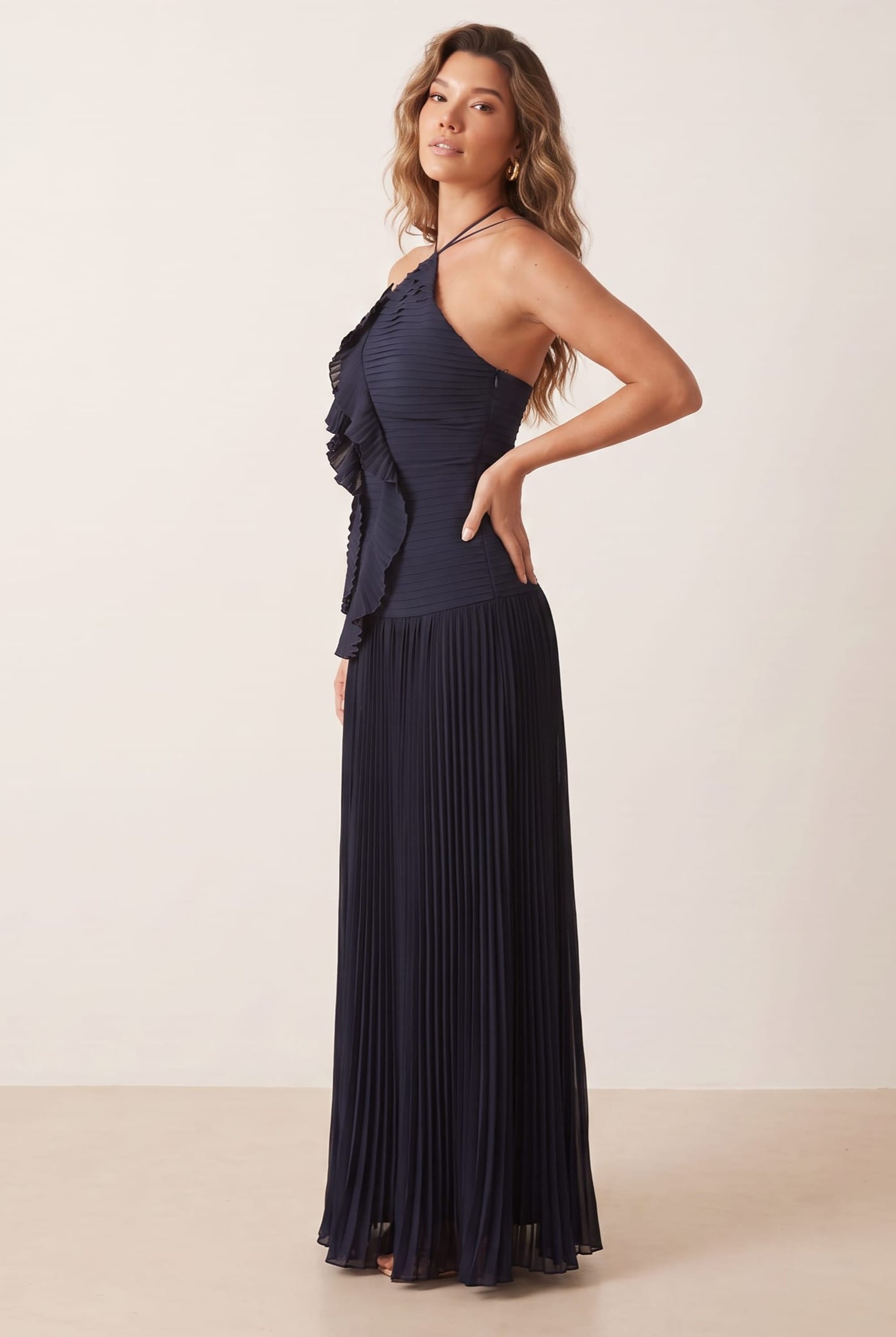 Pleated halter tie dress in Navy