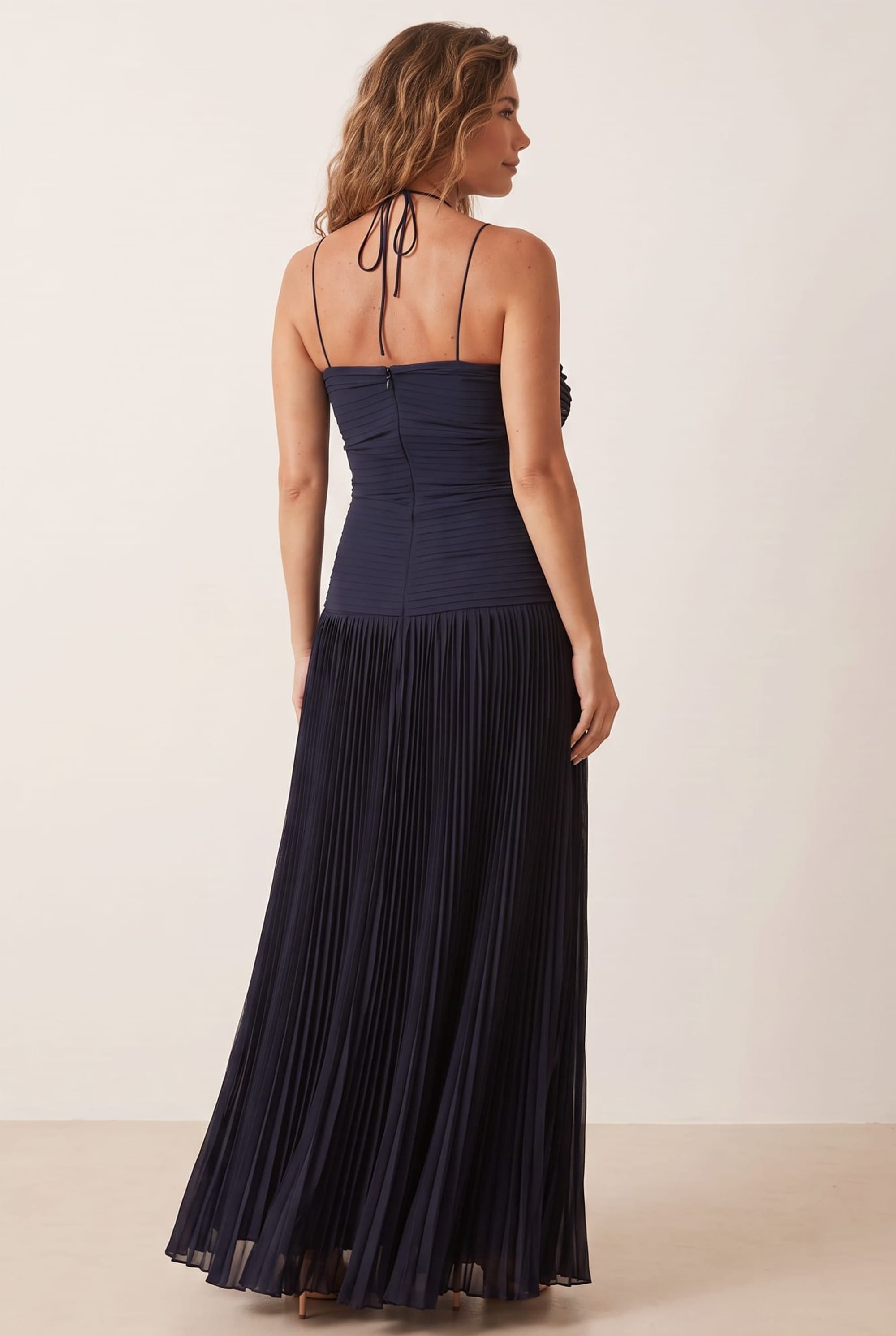Pleated halter tie dress in Navy