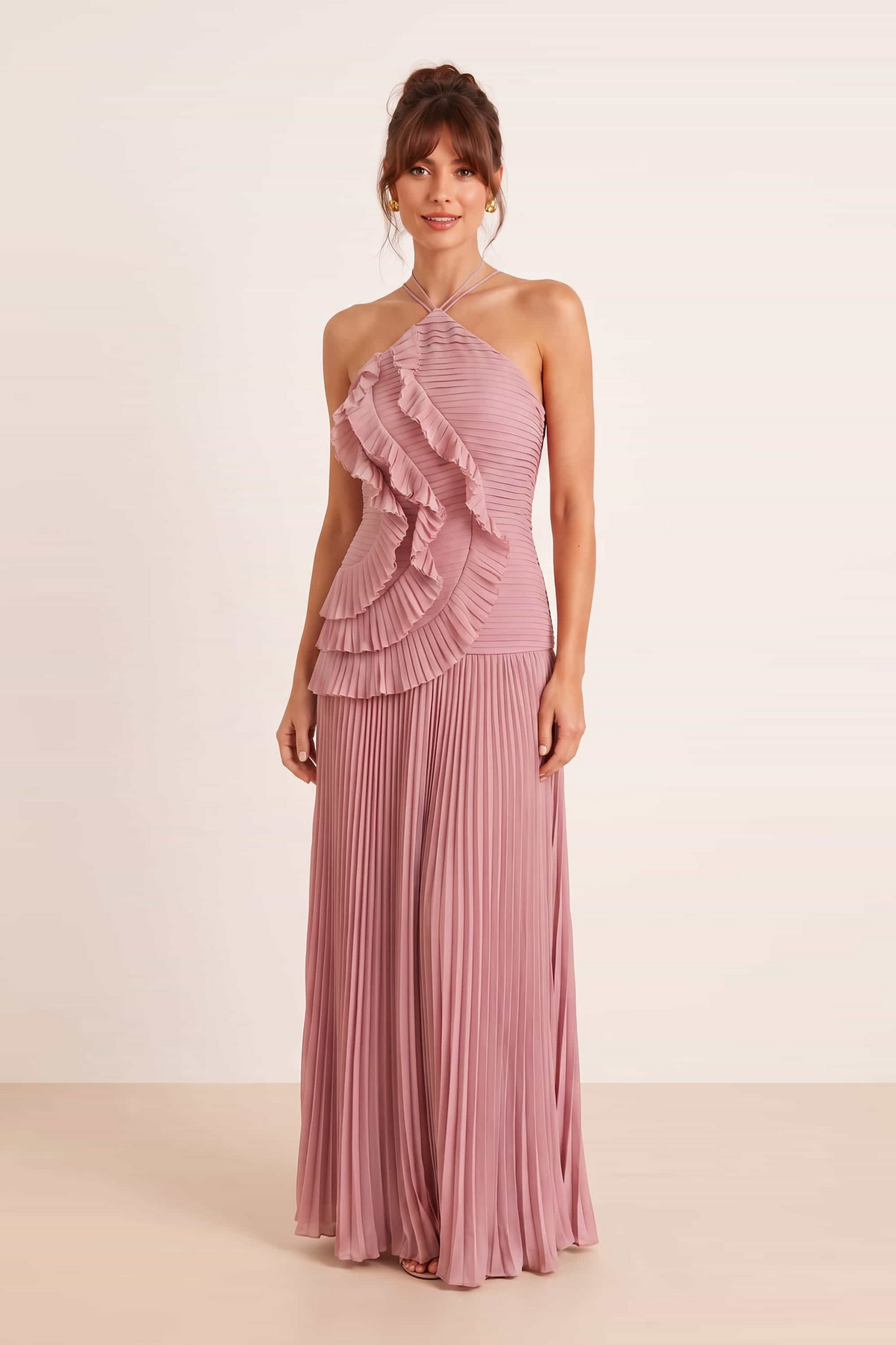 Pleated halter tie dress in Dusky Pink
