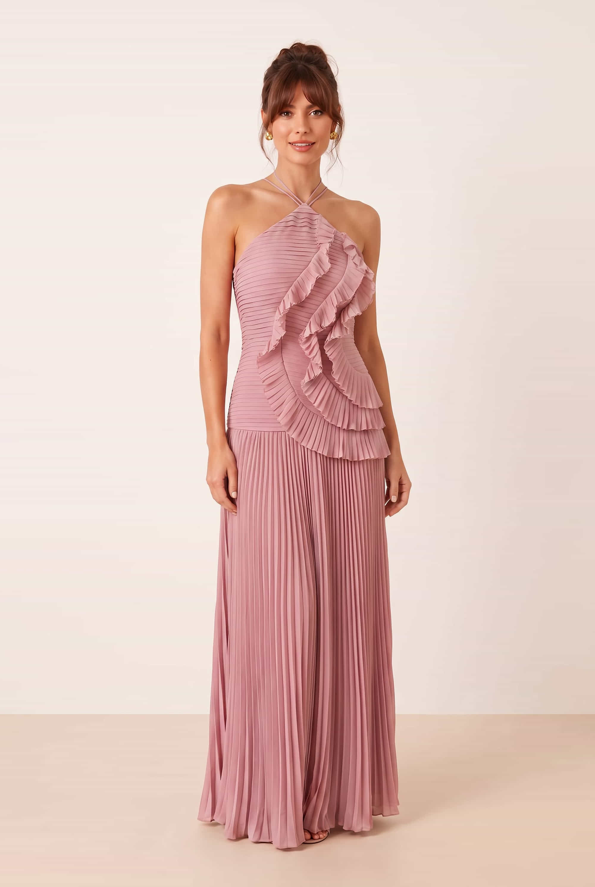 Pleated halter tie dress in Dusky Pink