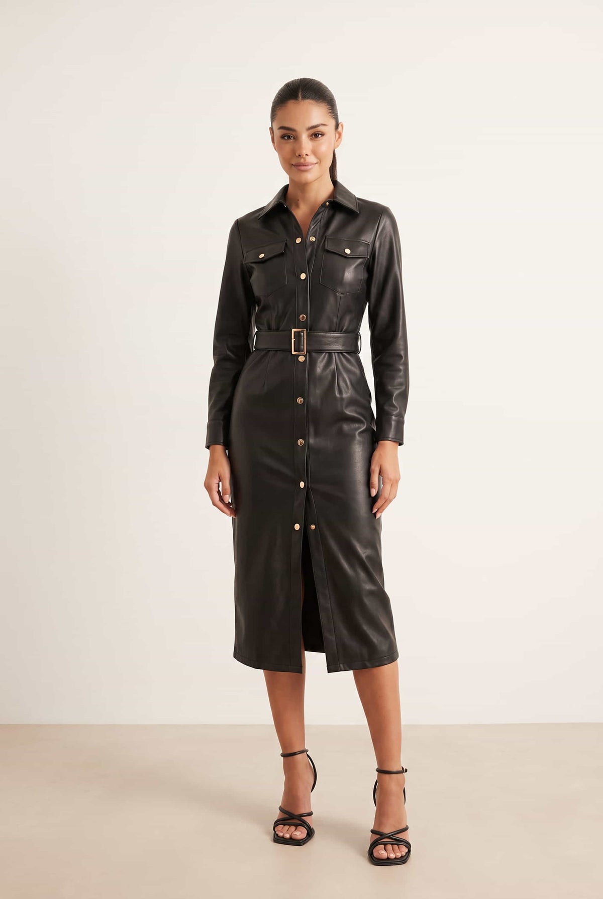 London PU Belted Midi Dress in Black