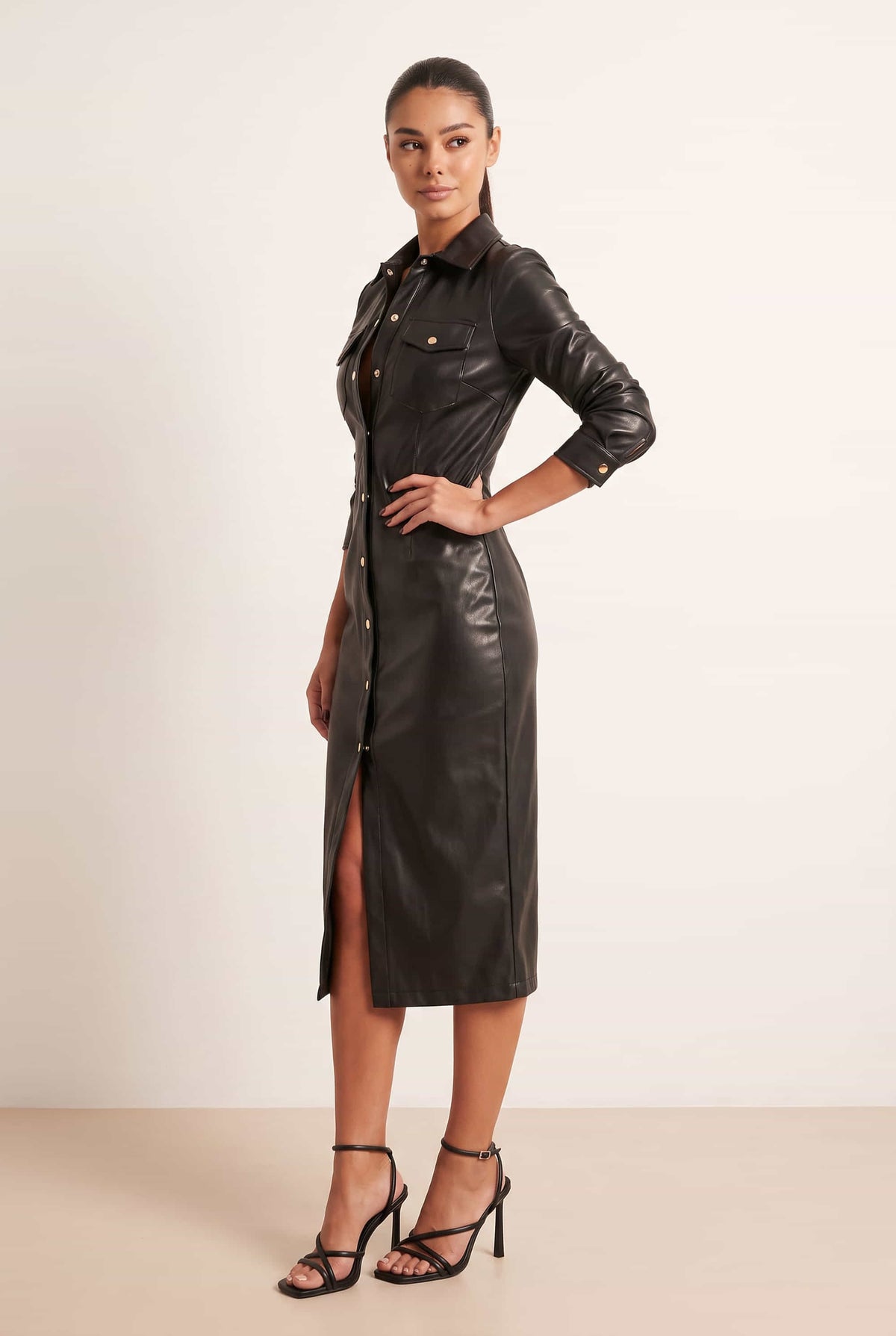London PU Belted Midi Dress in Black