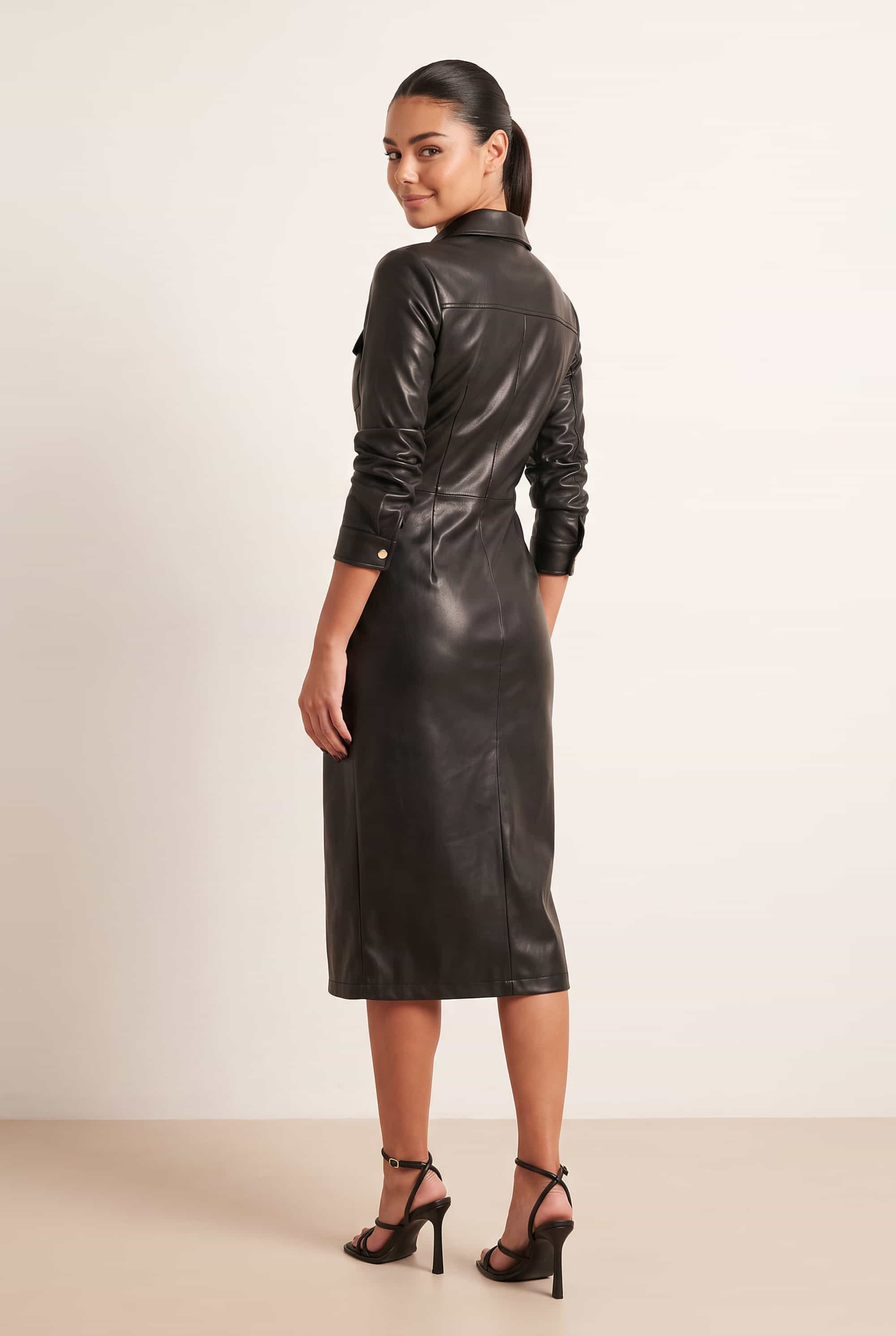London PU Belted Midi Dress in Black