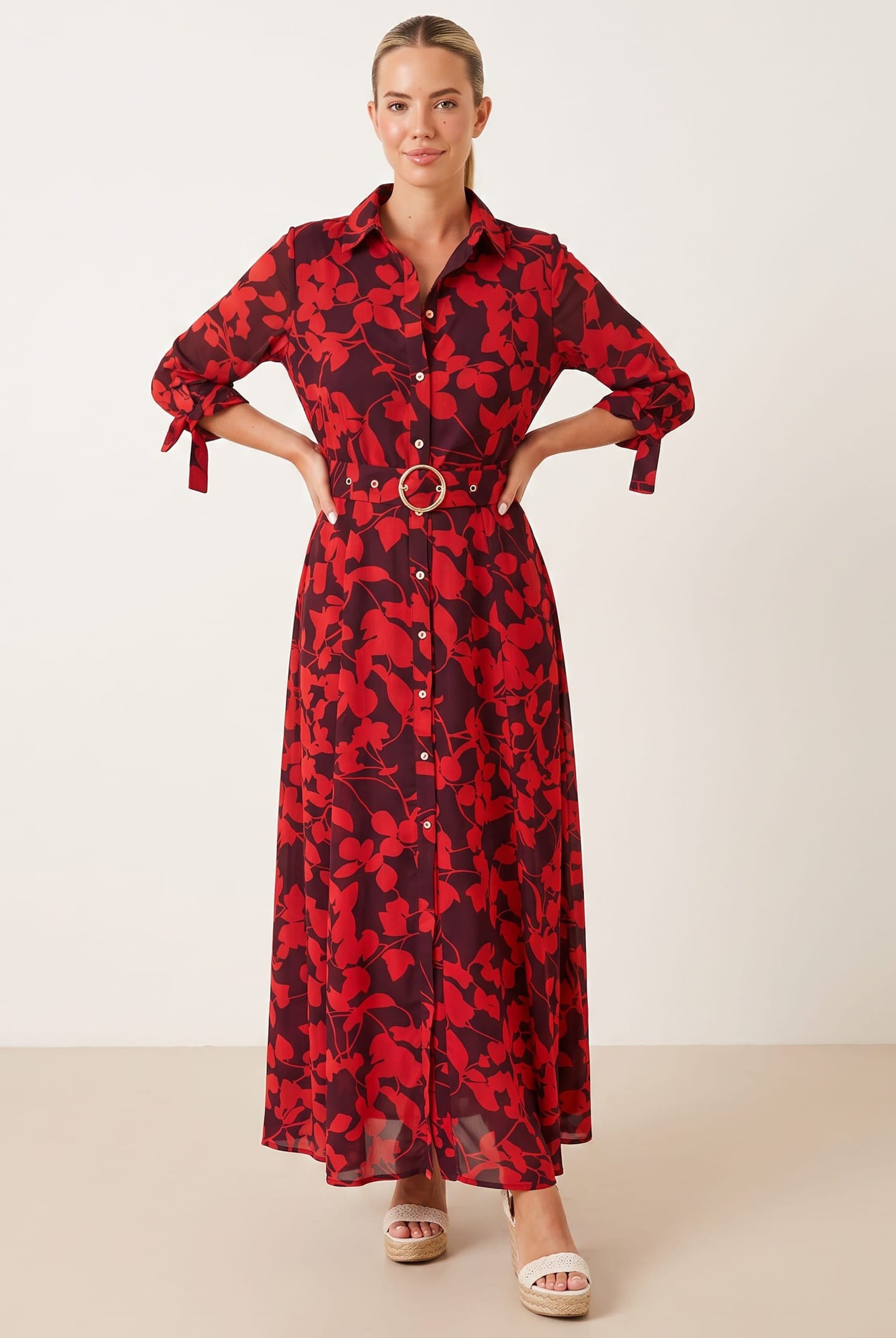 Daphne Belted Red Floral Dress