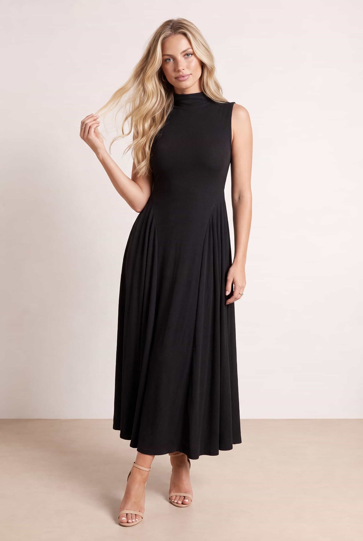 Black Jersey Rib Midi Dress