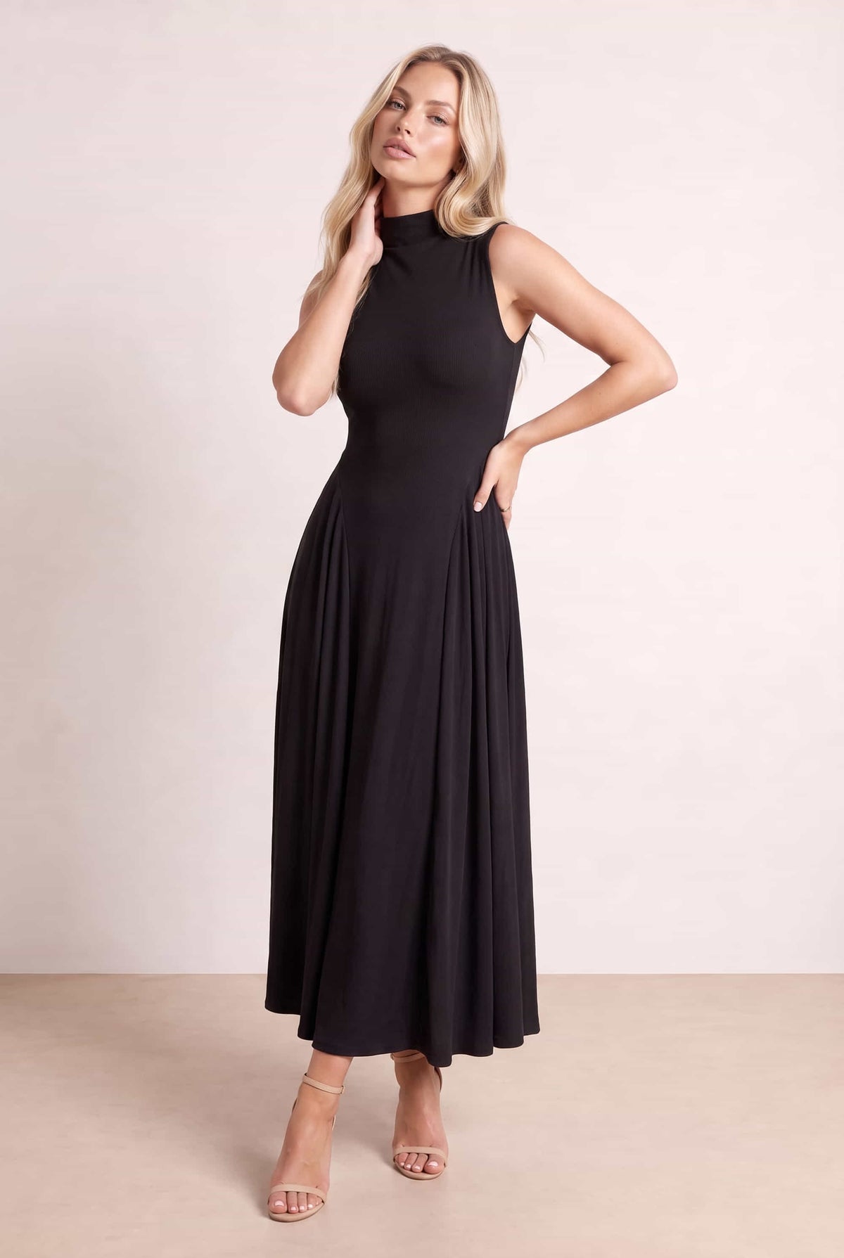 Black Jersey Rib Midi Dress