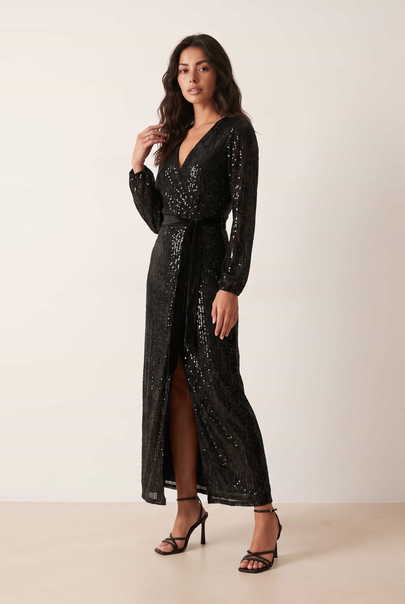 Black Sequin Wrap Maxi Dress