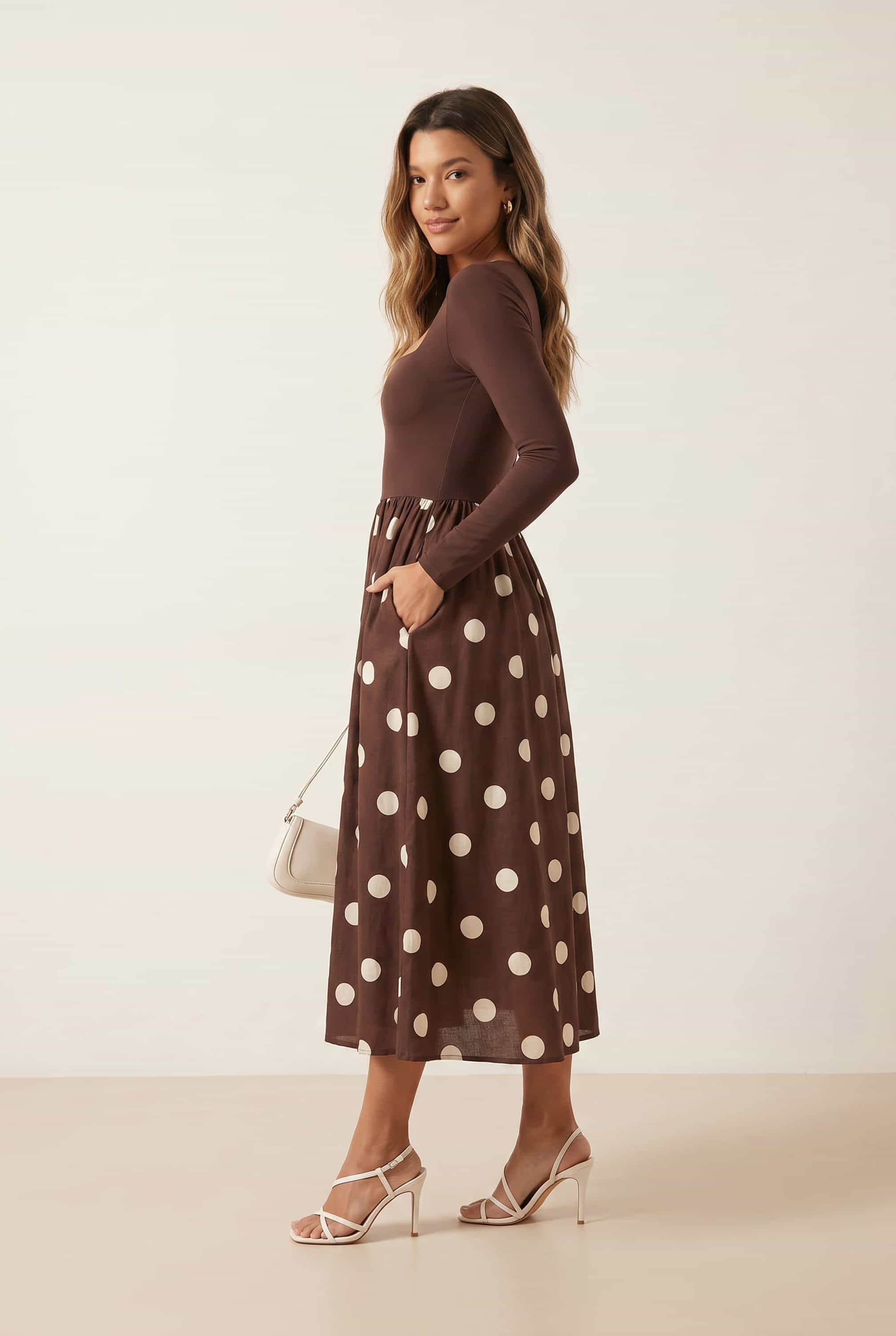 Sadie Chocolate Brown and Cream Polka Dot Long Sleeve Midi Dress