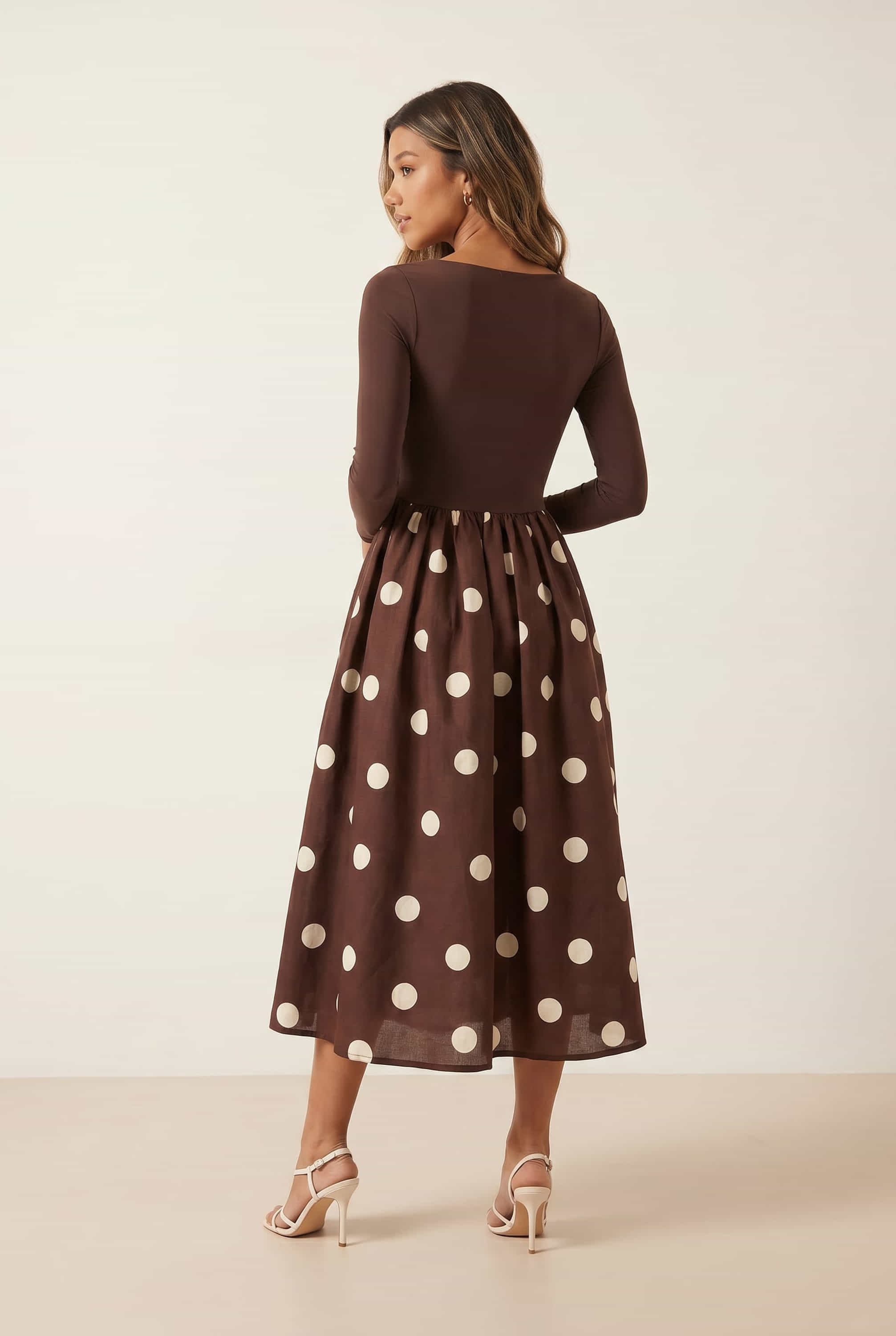 Sadie Chocolate Brown and Cream Polka Dot Long Sleeve Midi Dress