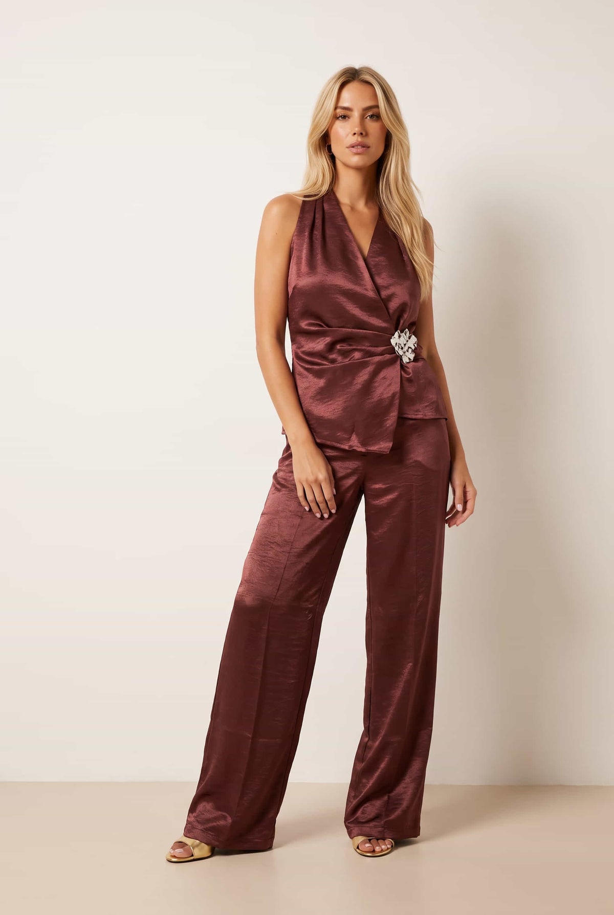 Pleat Detail Satin Trim Top