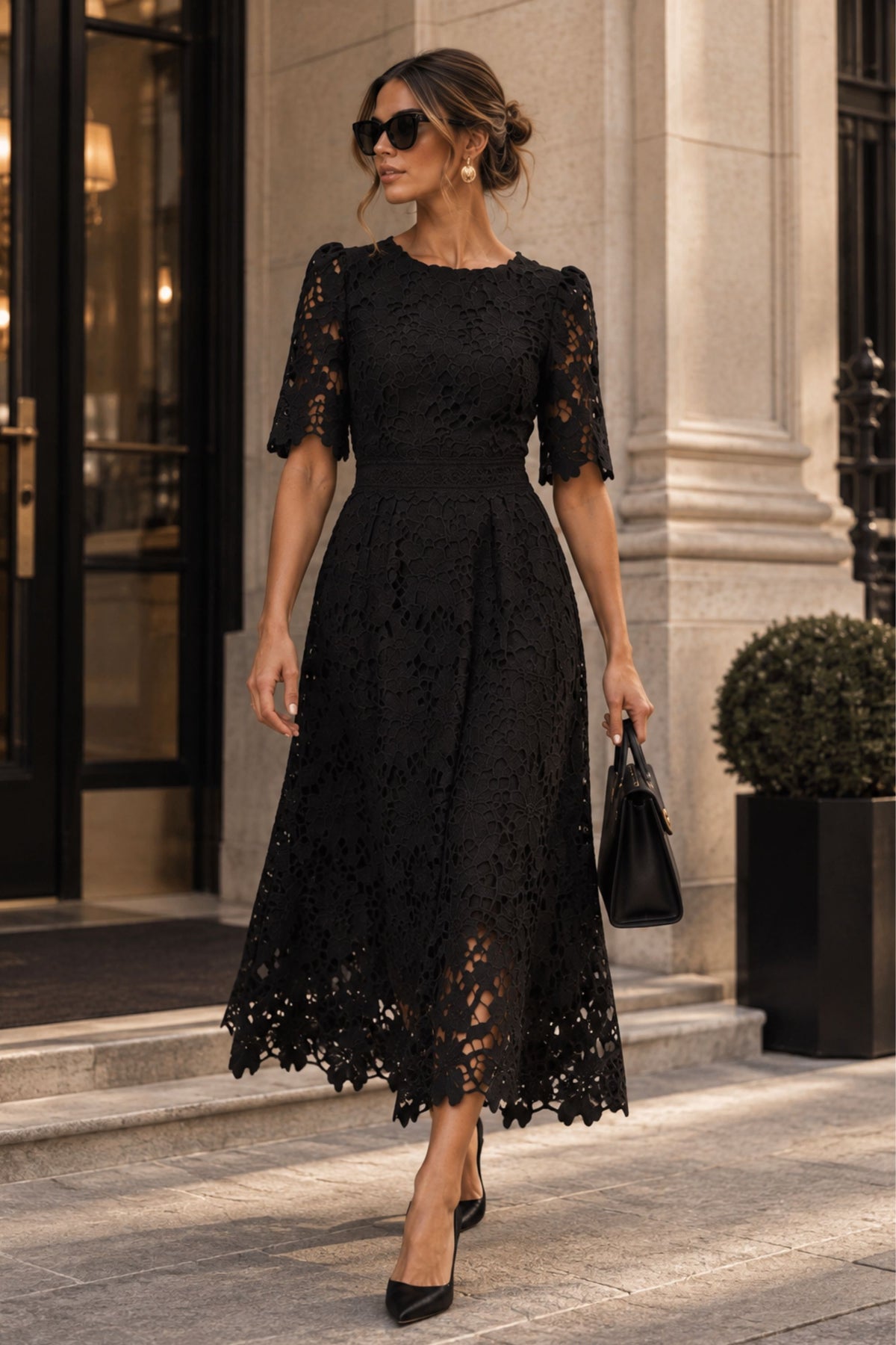 Black Broderie Lace Midi Dress