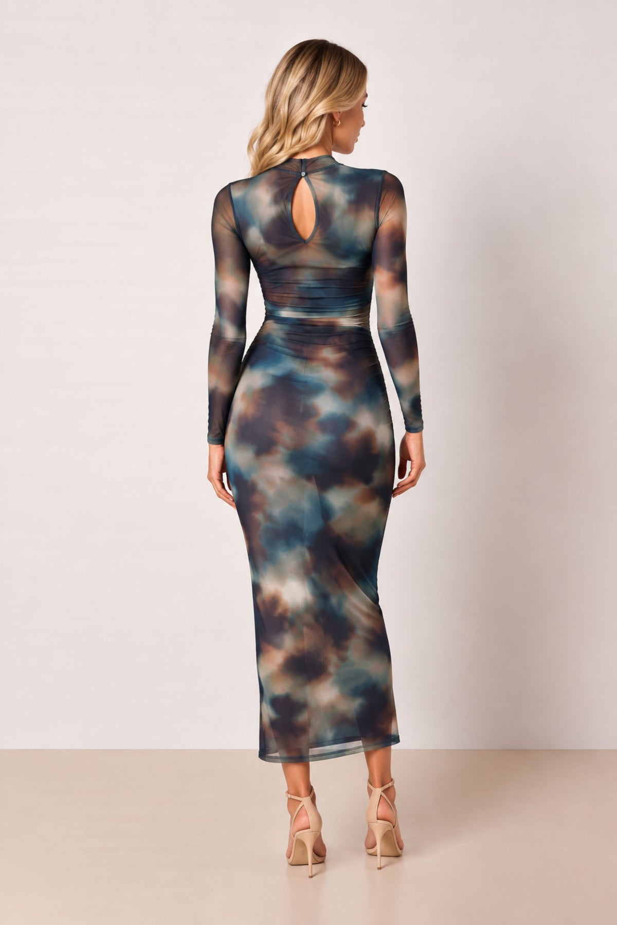 Maeva Mesh Long Sleeve Midi Dress in Green Ombre