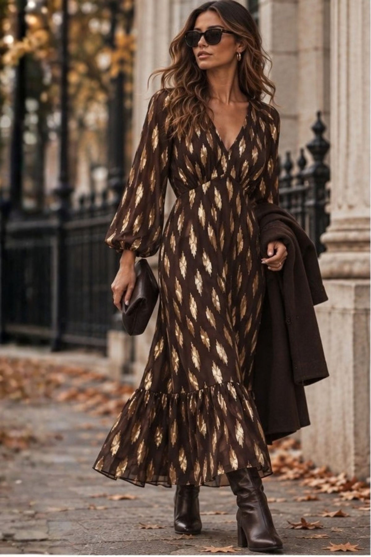 Gold Foil Midi Dress brown