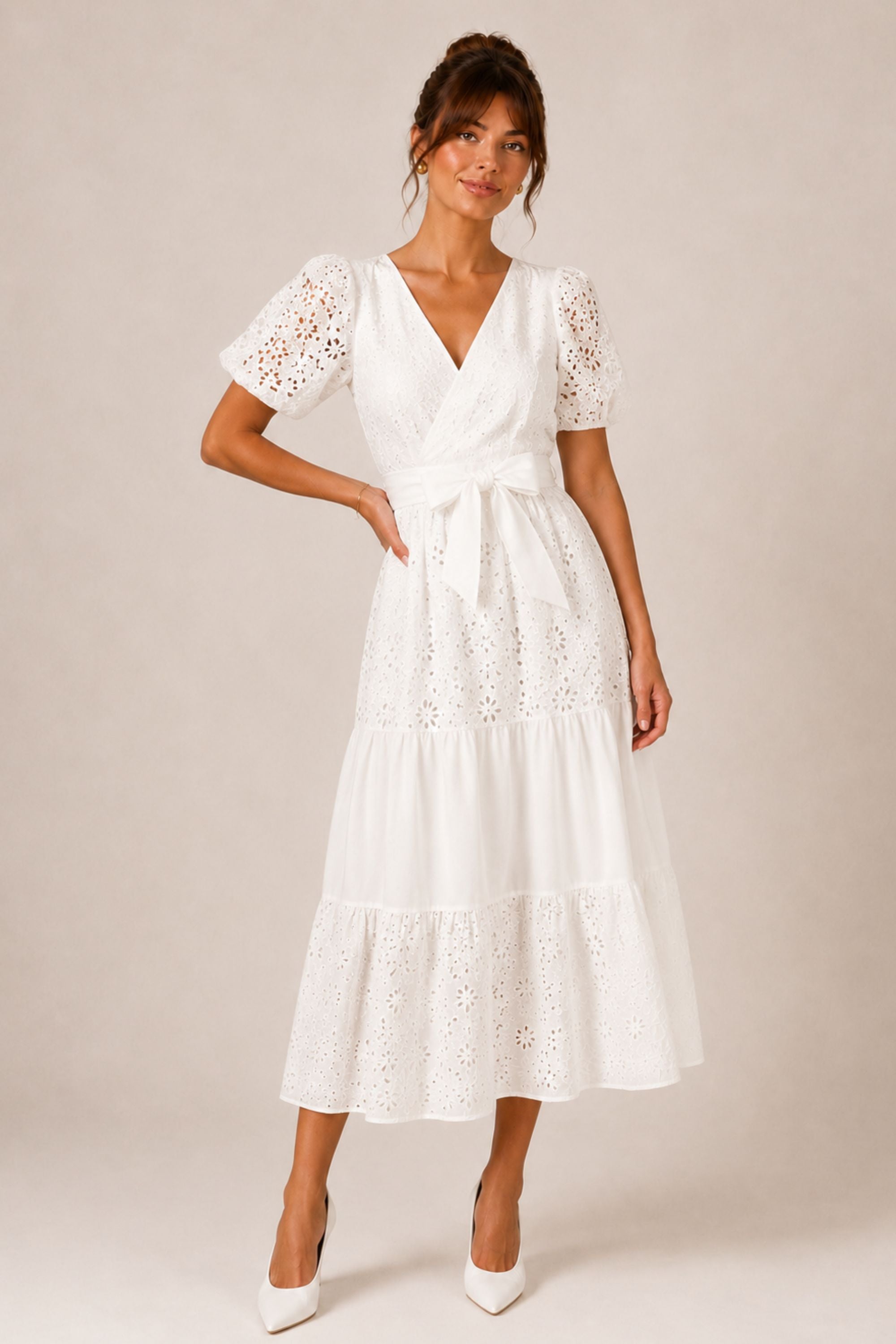 Claudia Puff Sleeve Broderie Midaxi Dress in White