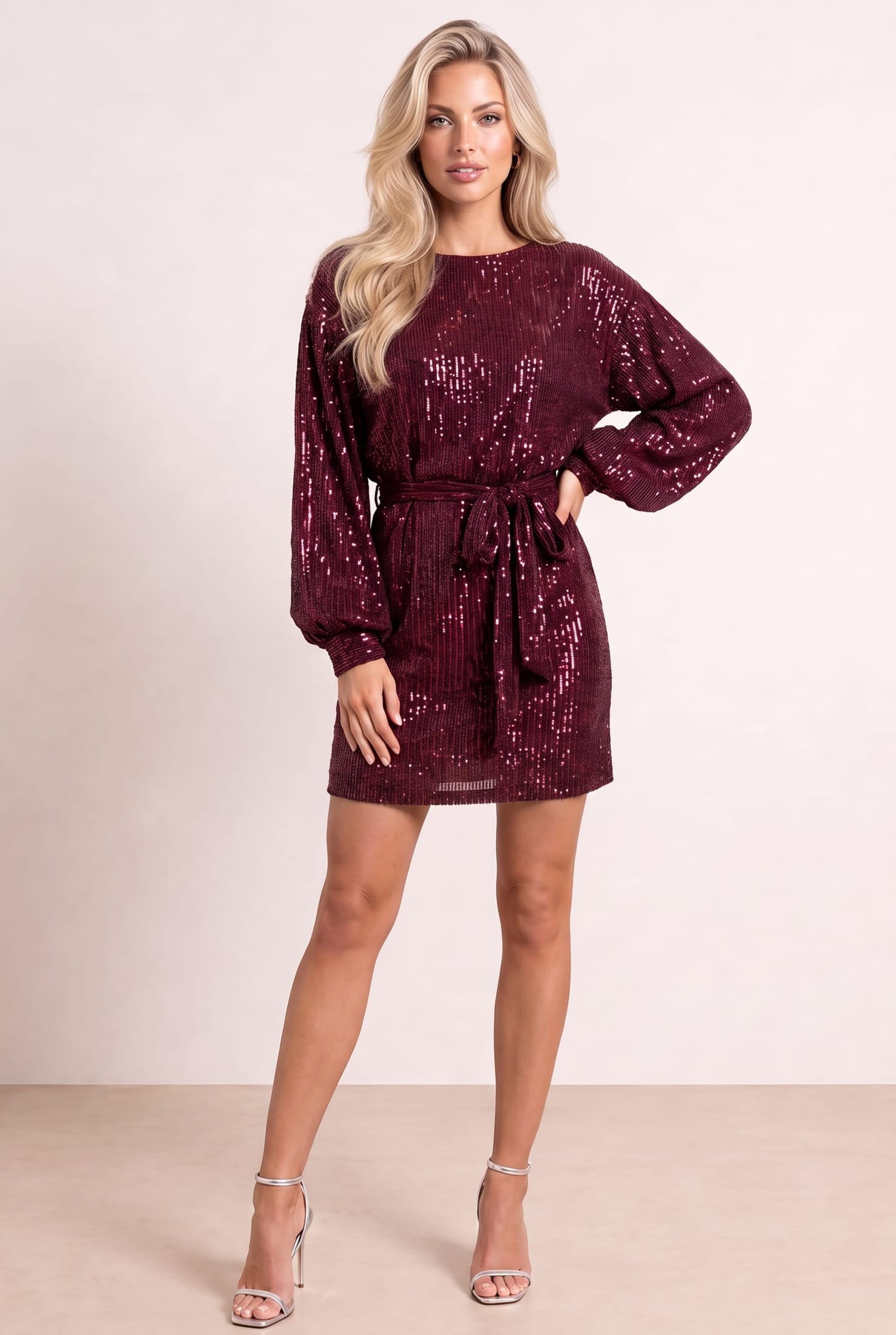 Skylar Balloon Sleeve Mini Dress / Mulberry Sequin