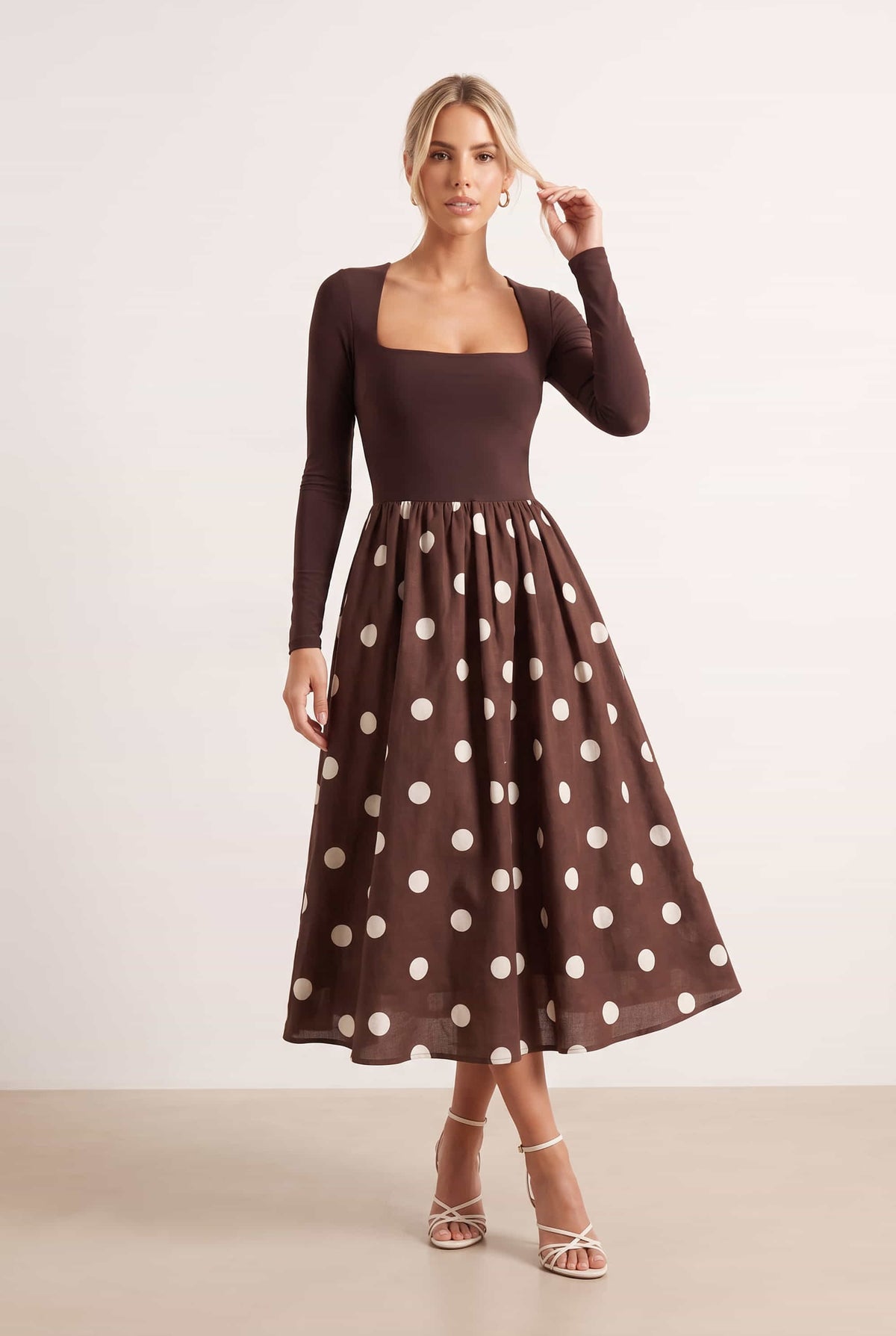 Sadie Chocolate Brown and Cream Polka Dot Long Sleeve Midi Dress