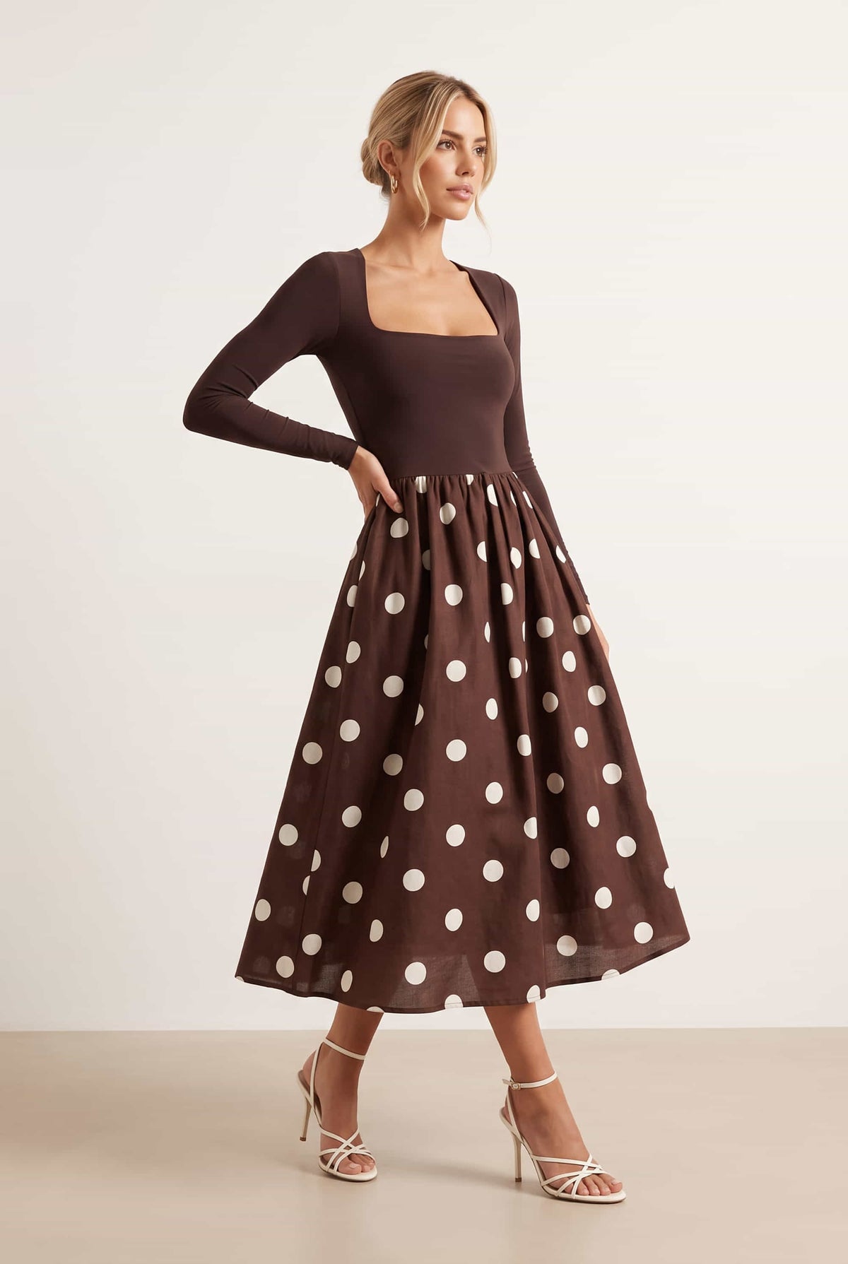 Sadie Chocolate Brown and Cream Polka Dot Long Sleeve Midi Dress